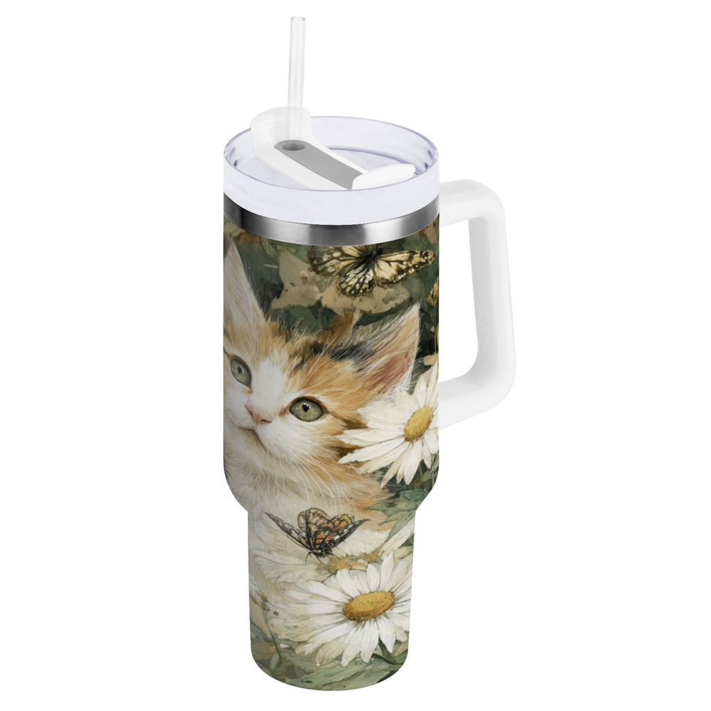 30 oz Insulated Stainless Steel Tumbler Double Wall Stainless Steel Tumbler with 2-Way Drinking Adorable Cats and Daisies GBGW
