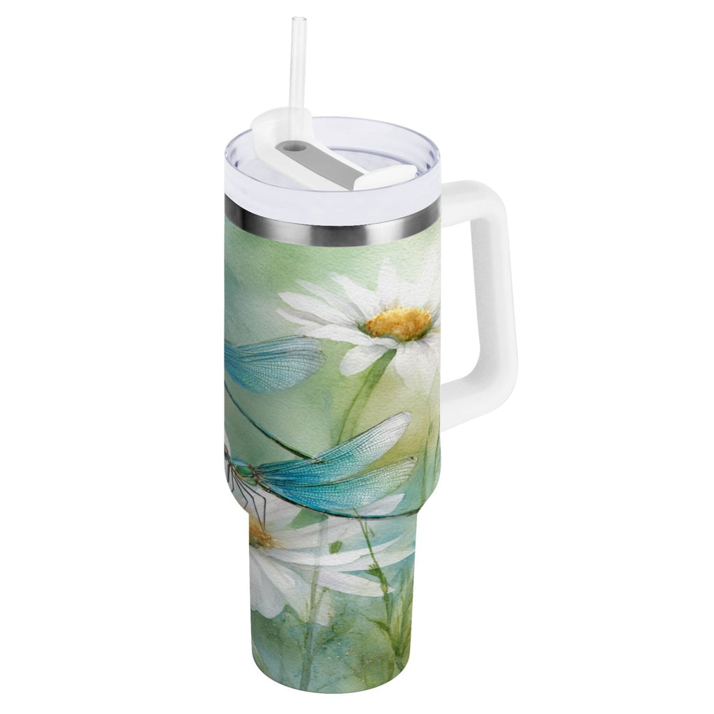 30 oz Insulated Stainless Steel Tumbler Double Wall Stainless Steel Tumbler with 2-Way Drinking Beautiful Dragonflies and Daisies 3A2U
