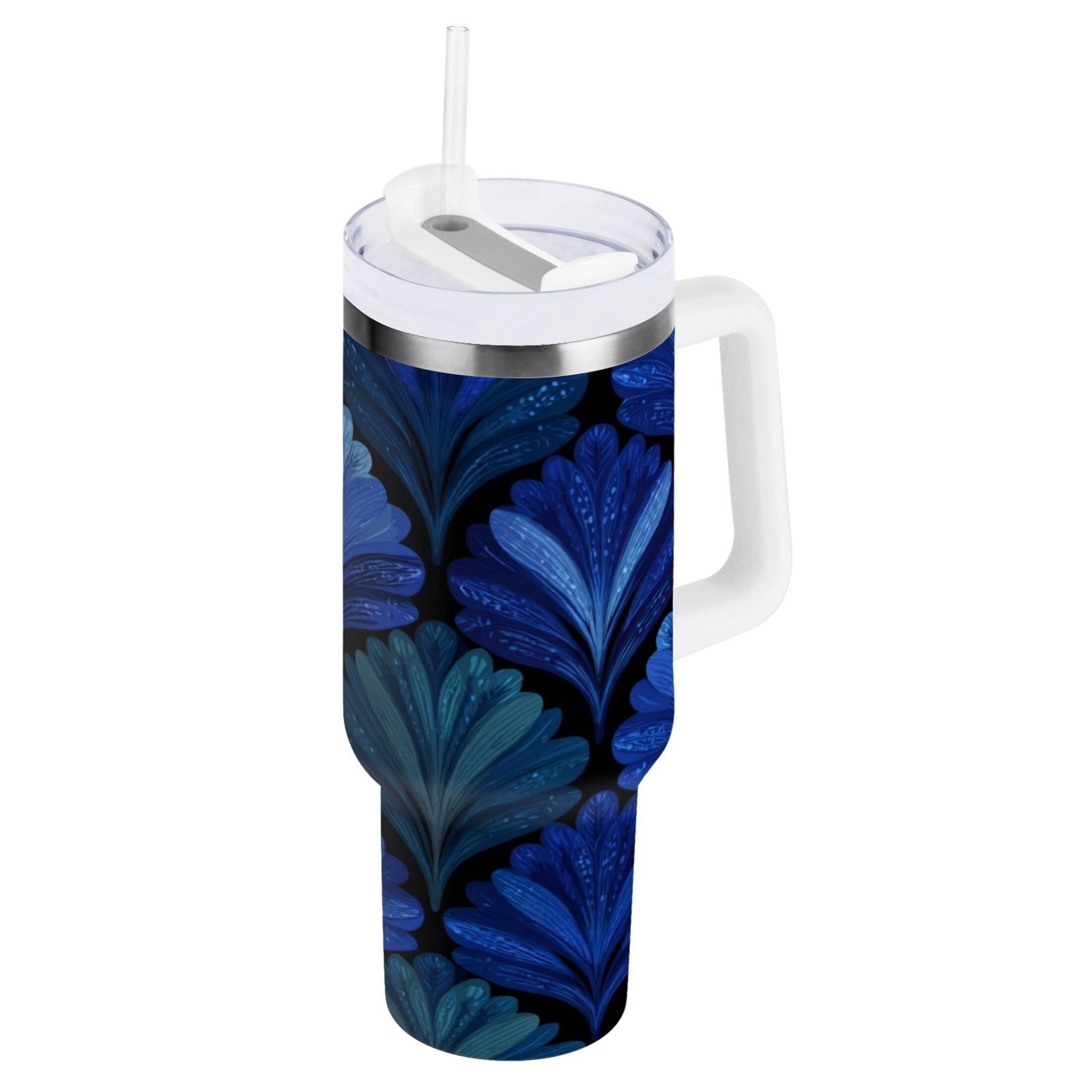 30 oz Insulated Stainless Steel Tumbler Double Wall Stainless Steel Tumbler with 2-Way Drinking Blue Batik Leaves Pattern C787