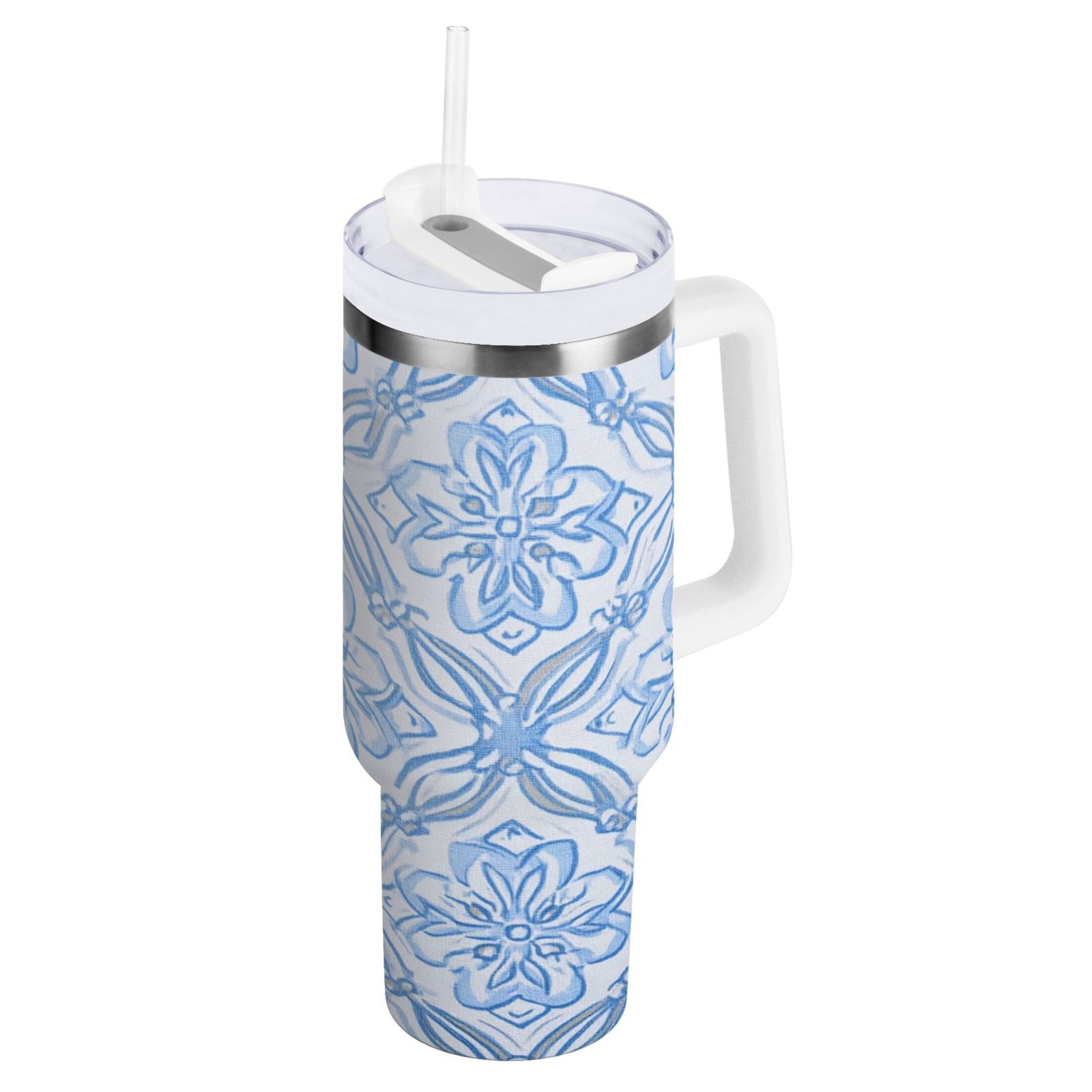 30 oz Insulated Stainless Steel Tumbler Double Wall Stainless Steel Tumbler with 2-Way Drinking Blue Elegant Geometric Design JKL5