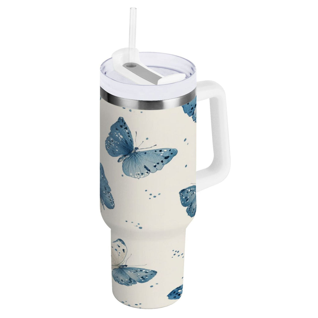 30 oz Insulated Stainless Steel Tumbler Double Wall Stainless Steel Tumbler with 2-Way Drinking Blue Watercolor Butterflies W47M