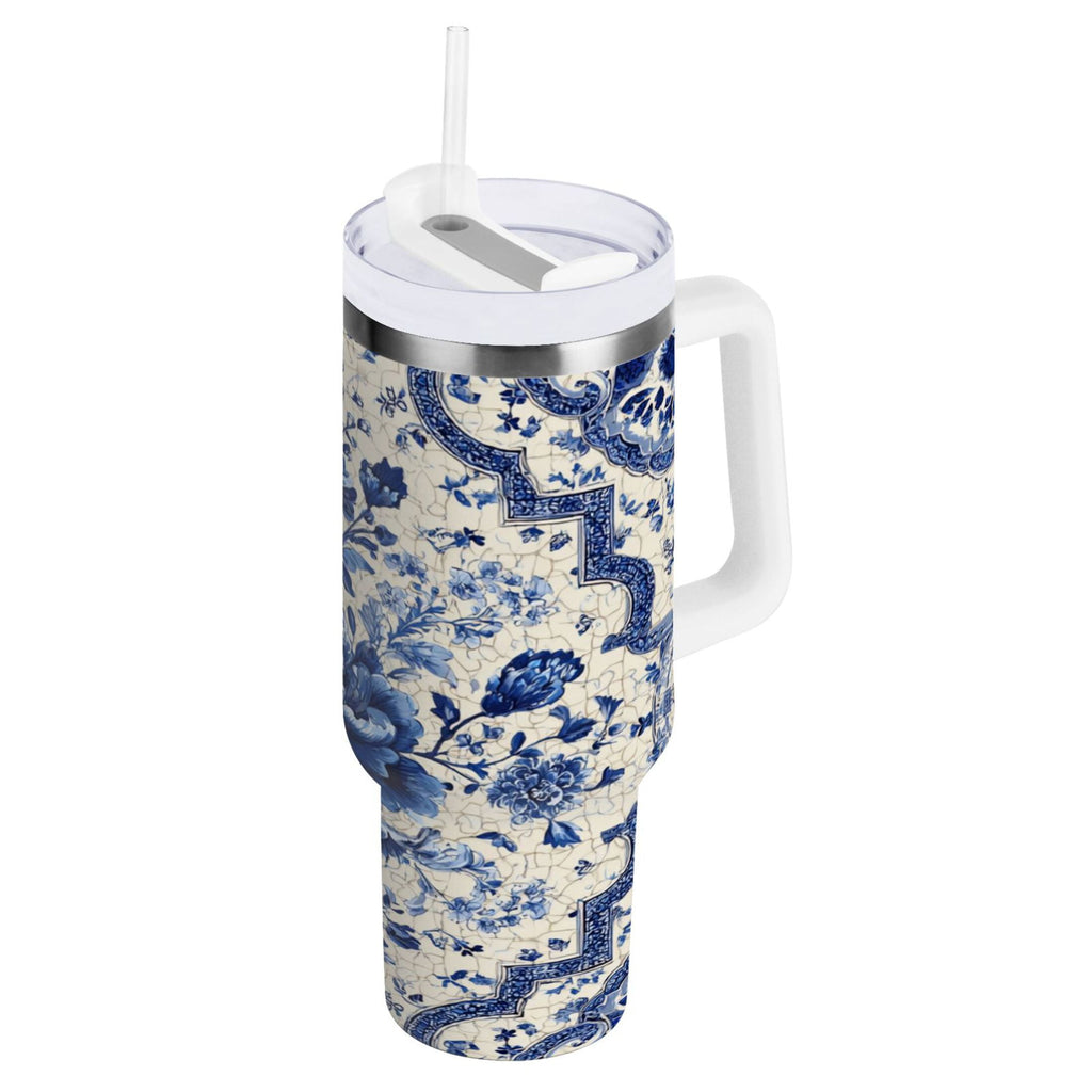 30 oz Insulated Stainless Steel Tumbler Double Wall Stainless Steel Tumbler with 2-Way Drinking Blue and White Porcelain-style YG7Z