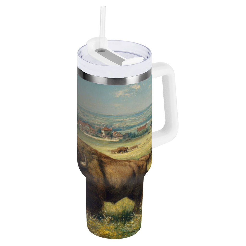 30 oz Insulated Stainless Steel Tumbler Double Wall Stainless Steel Tumbler with 2-Way Drinking Buffalo Herd Oil Painting 0OD7