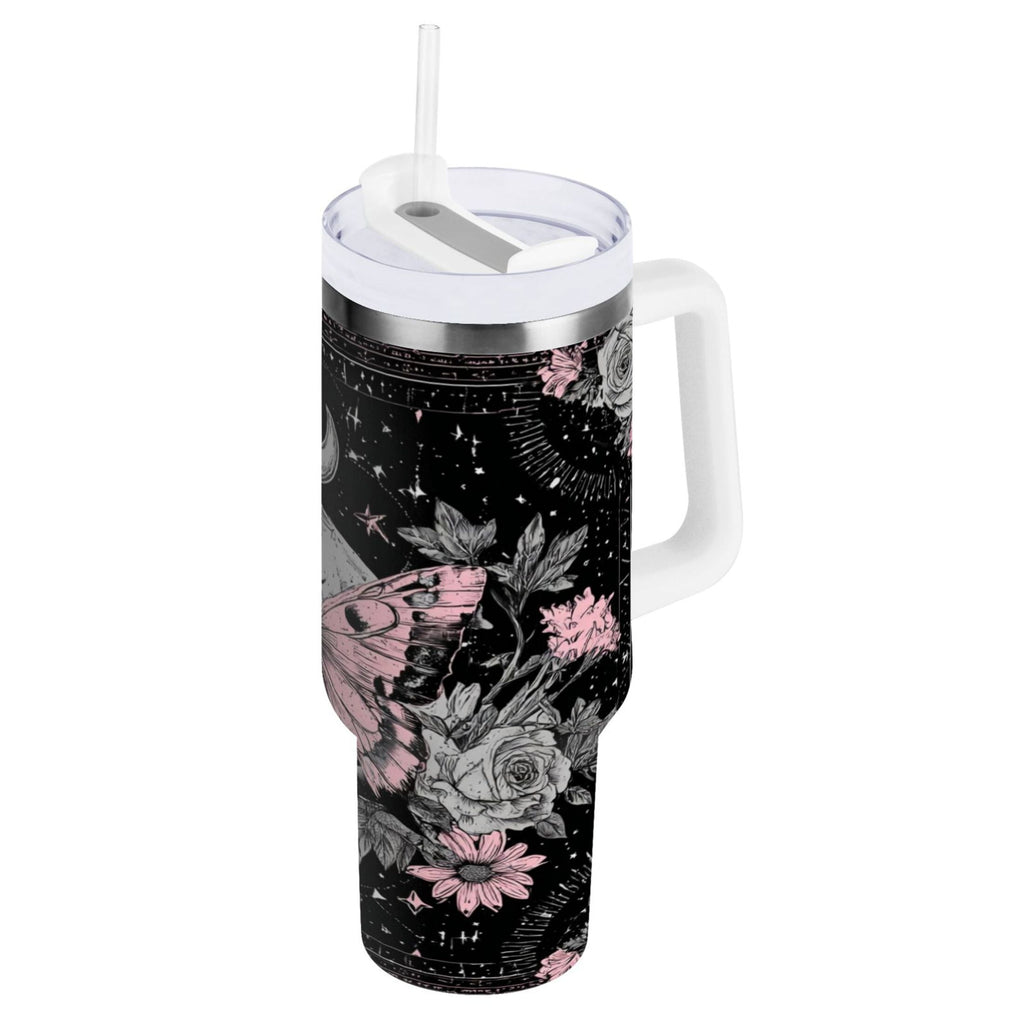 30 oz Insulated Stainless Steel Tumbler Double Wall Stainless Steel Tumbler with 2-Way Drinking Butterfly by Moon and Flowers ZOYE