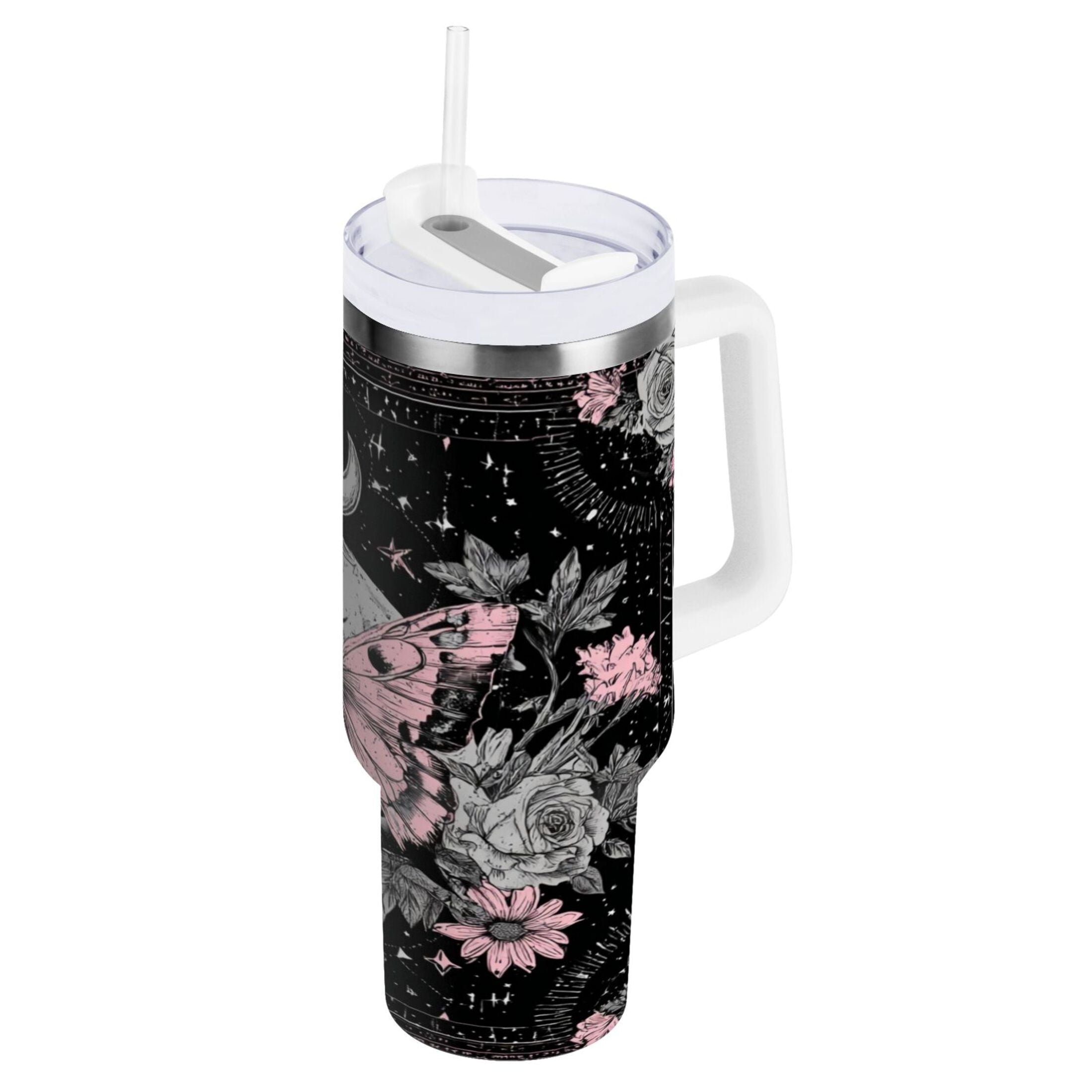 30 oz Insulated Stainless Steel Tumbler Double Wall Stainless Steel Tumbler with 2-Way Drinking Butterfly by Moon and Flowers ZOYE