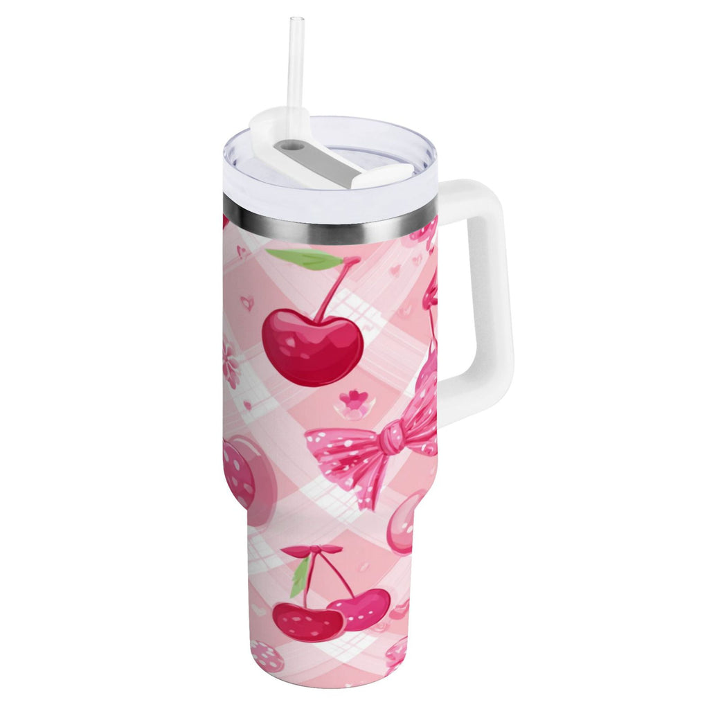 30 oz Insulated Stainless Steel Tumbler Double Wall Stainless Steel Tumbler with 2-Way Drinking Cherry and Pink Bow Pattern N7YV