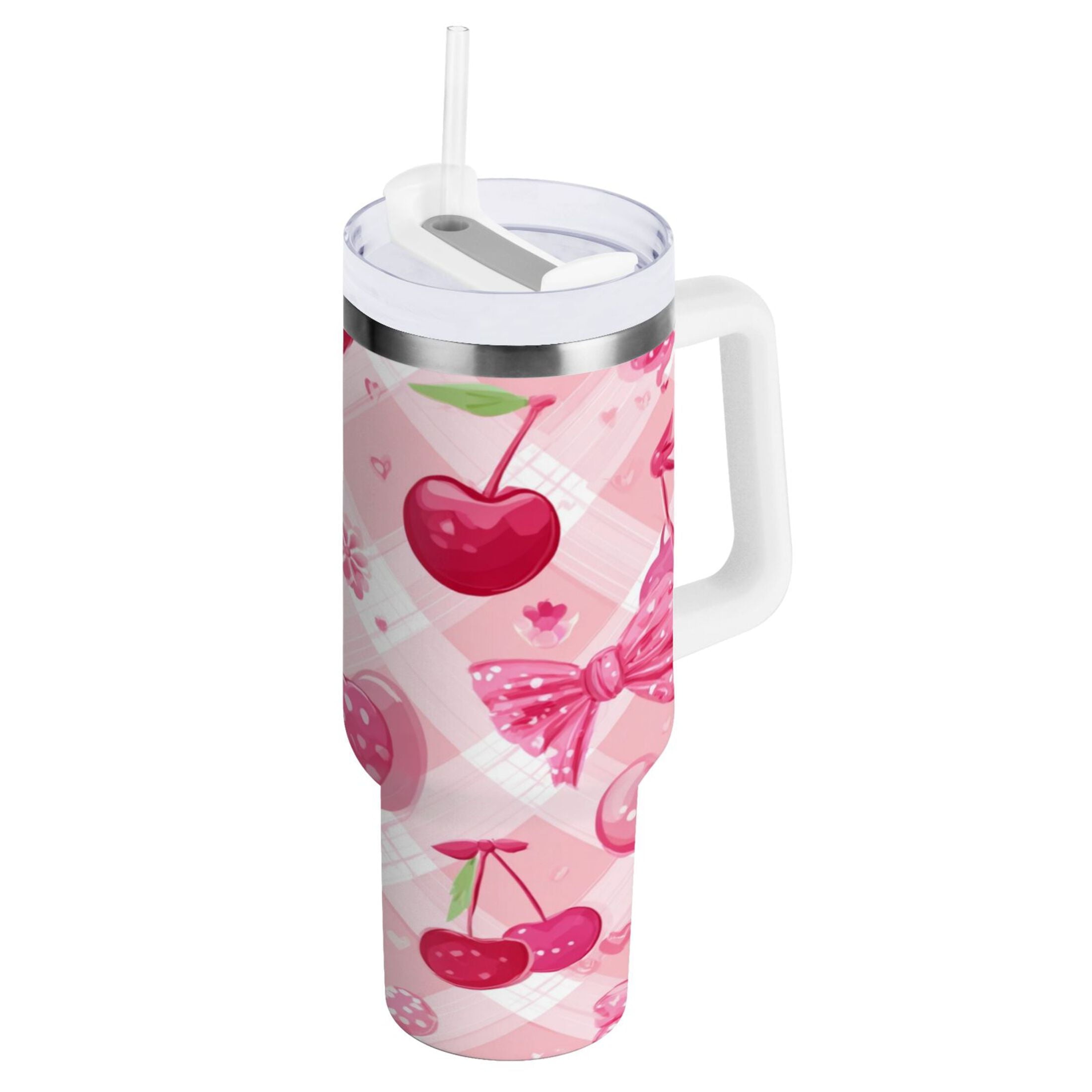 30 oz Insulated Stainless Steel Tumbler Double Wall Stainless Steel Tumbler with 2-Way Drinking Cherry and Pink Bow Pattern N7YV