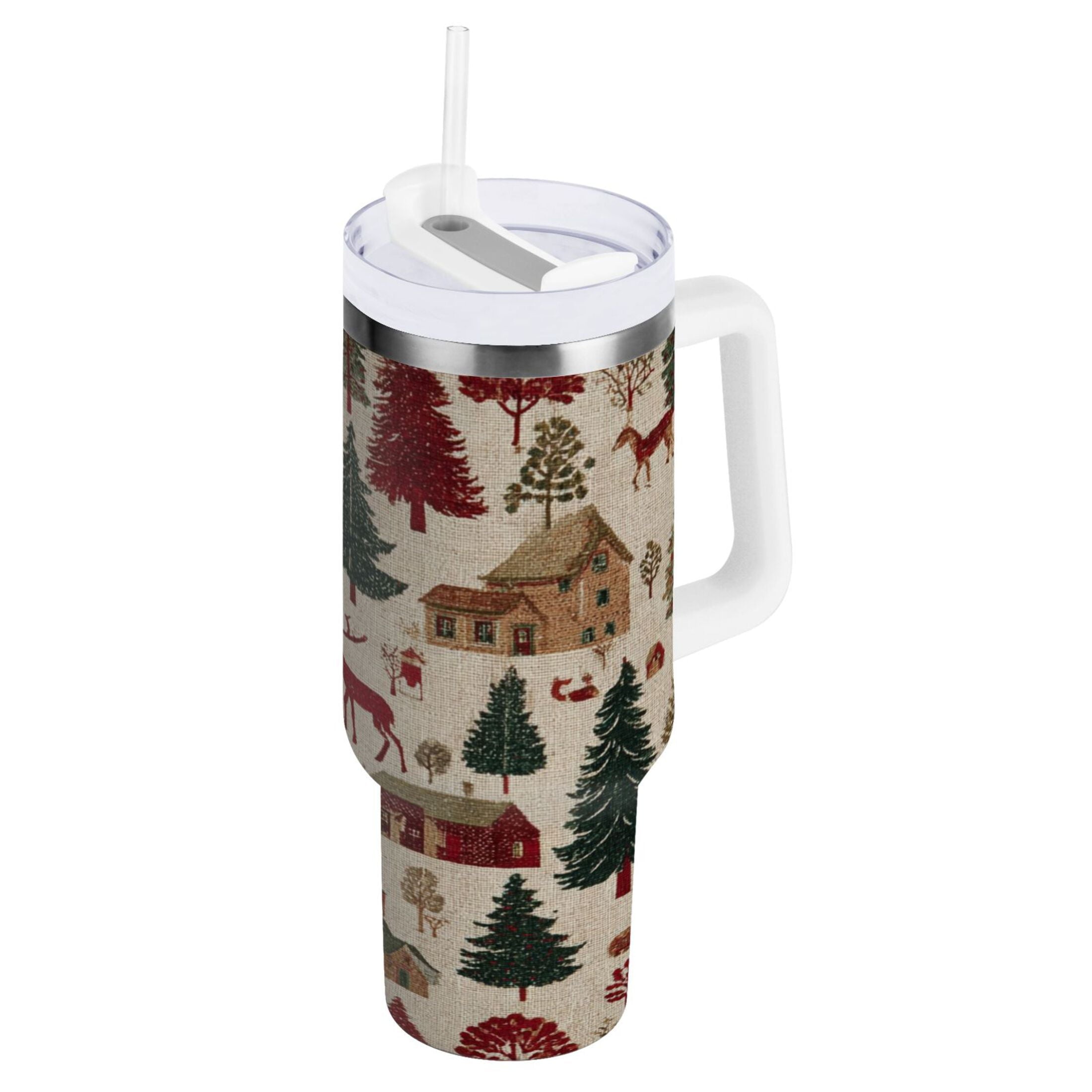 30 oz Insulated Stainless Steel Tumbler Double Wall Stainless Steel Tumbler with 2-Way Drinking Christmas Trees Deer and Houses 6U28