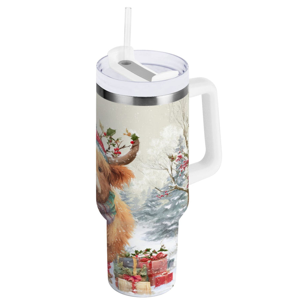 30 oz Insulated Stainless Steel Tumbler Double Wall Stainless Steel Tumbler with 2-Way Drinking Cow Wearing Christmas Hat QK74