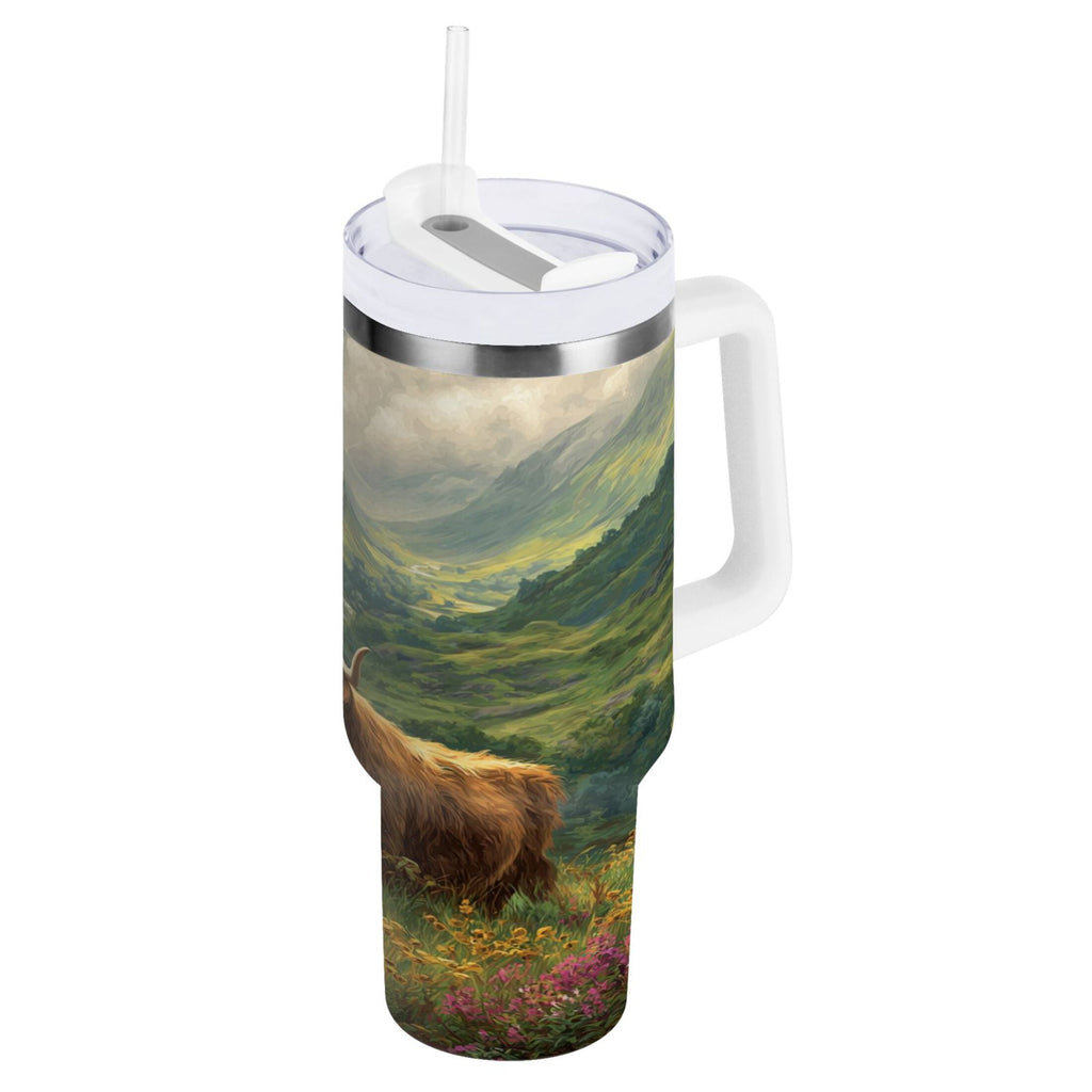 30 oz Insulated Stainless Steel Tumbler Double Wall Stainless Steel Tumbler with 2-Way Drinking Cow in Green Rolling Hills 2PST