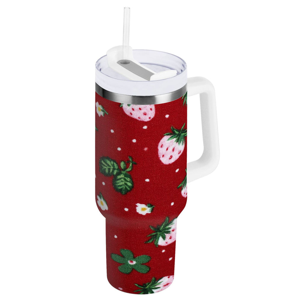 30 oz Insulated Stainless Steel Tumbler Double Wall Stainless Steel Tumbler with 2-Way Drinking Cute Pink Strawberry Pattern 28CP