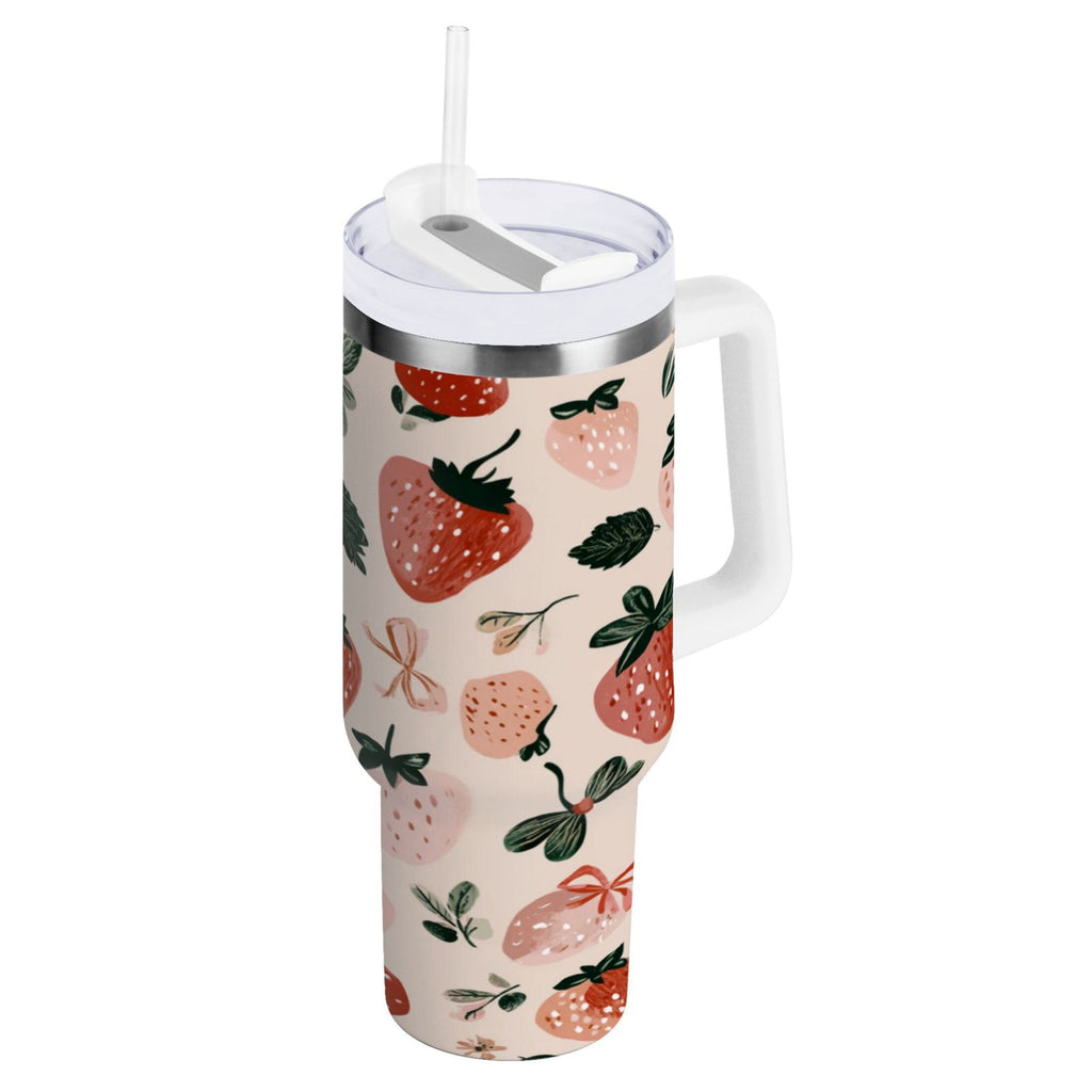 30 oz Insulated Stainless Steel Tumbler Double Wall Stainless Steel Tumbler with 2-Way Drinking Cute Pinks Strawberries WZLV