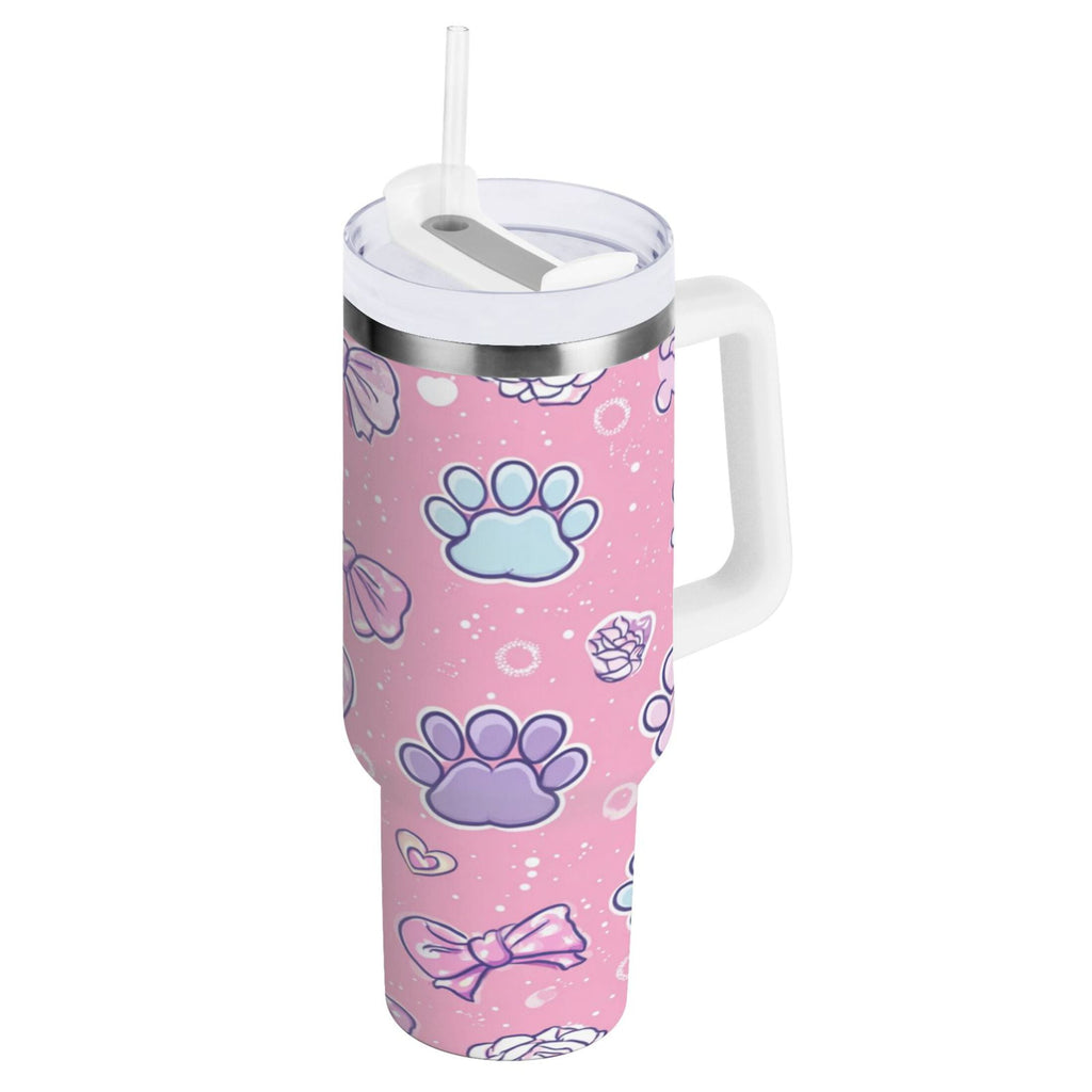 30 oz Insulated Stainless Steel Tumbler Double Wall Stainless Steel Tumbler with 2-Way Drinking Dog Paw Prints and Bows MYED