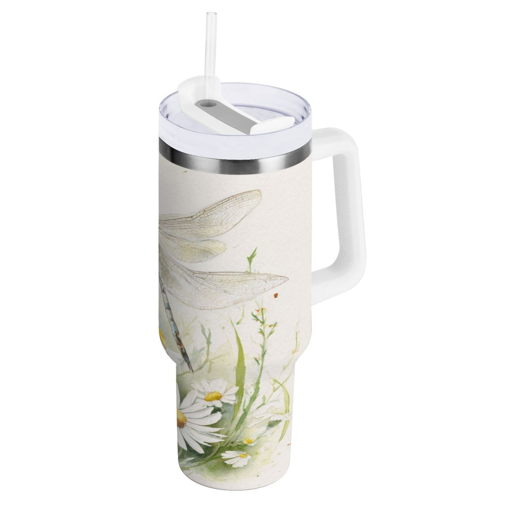 30 oz Insulated Stainless Steel Tumbler Double Wall Stainless Steel Tumbler with 2-Way Drinking Dragonflies with White Daisies RRPZ