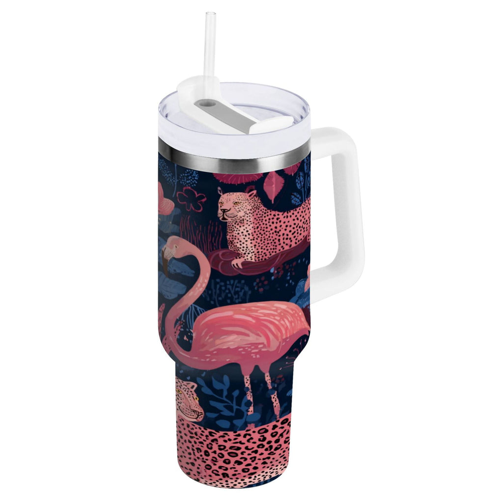 30 oz Insulated Stainless Steel Tumbler Double Wall Stainless Steel Tumbler with 2-Way Drinking Flamingos and Leopard Print 805Q