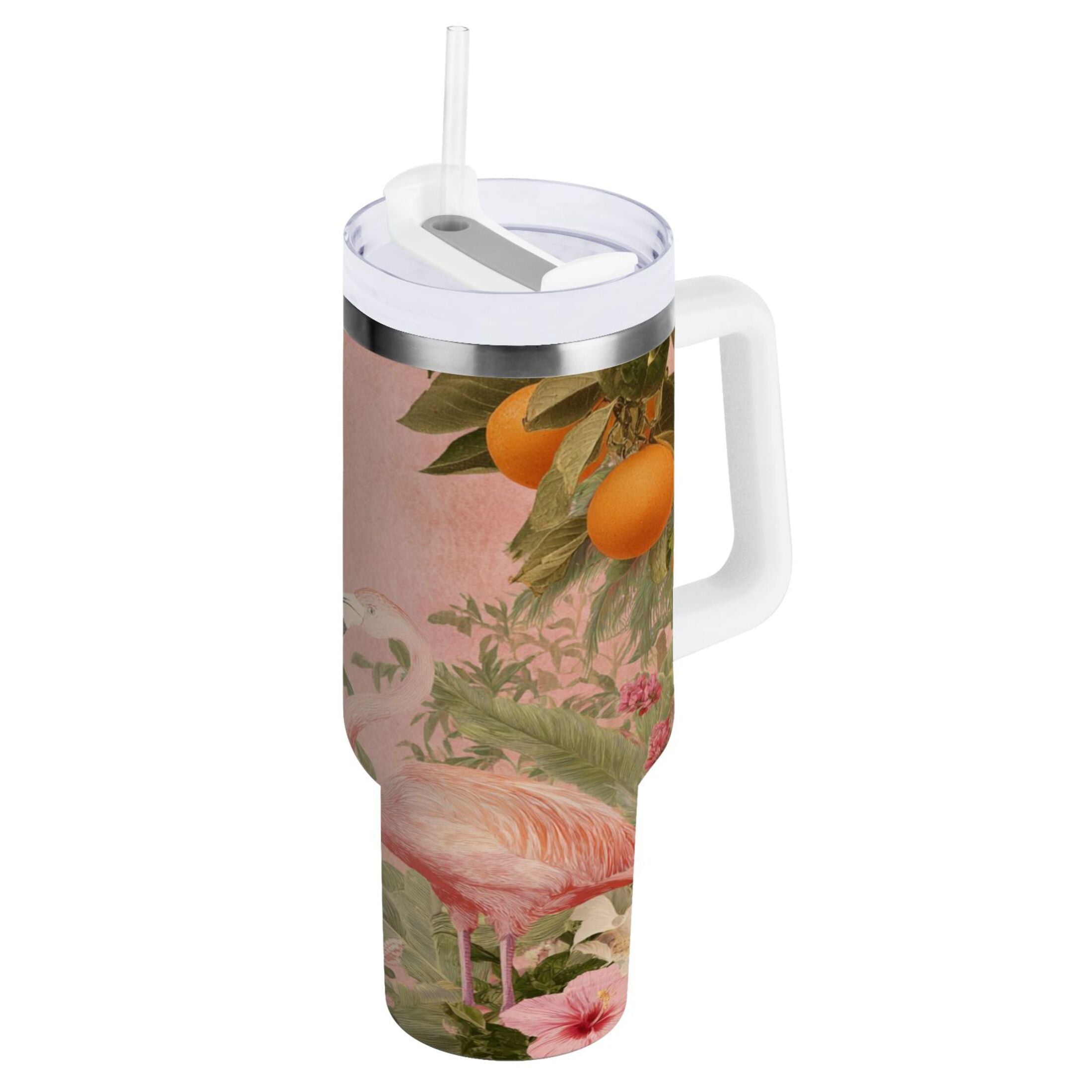 40 oz Insulated Stainless Steel Tumbler Double Wall Stainless Steel Tumbler with 2-Way Drinking Flamingos in Tropical Garden RY99