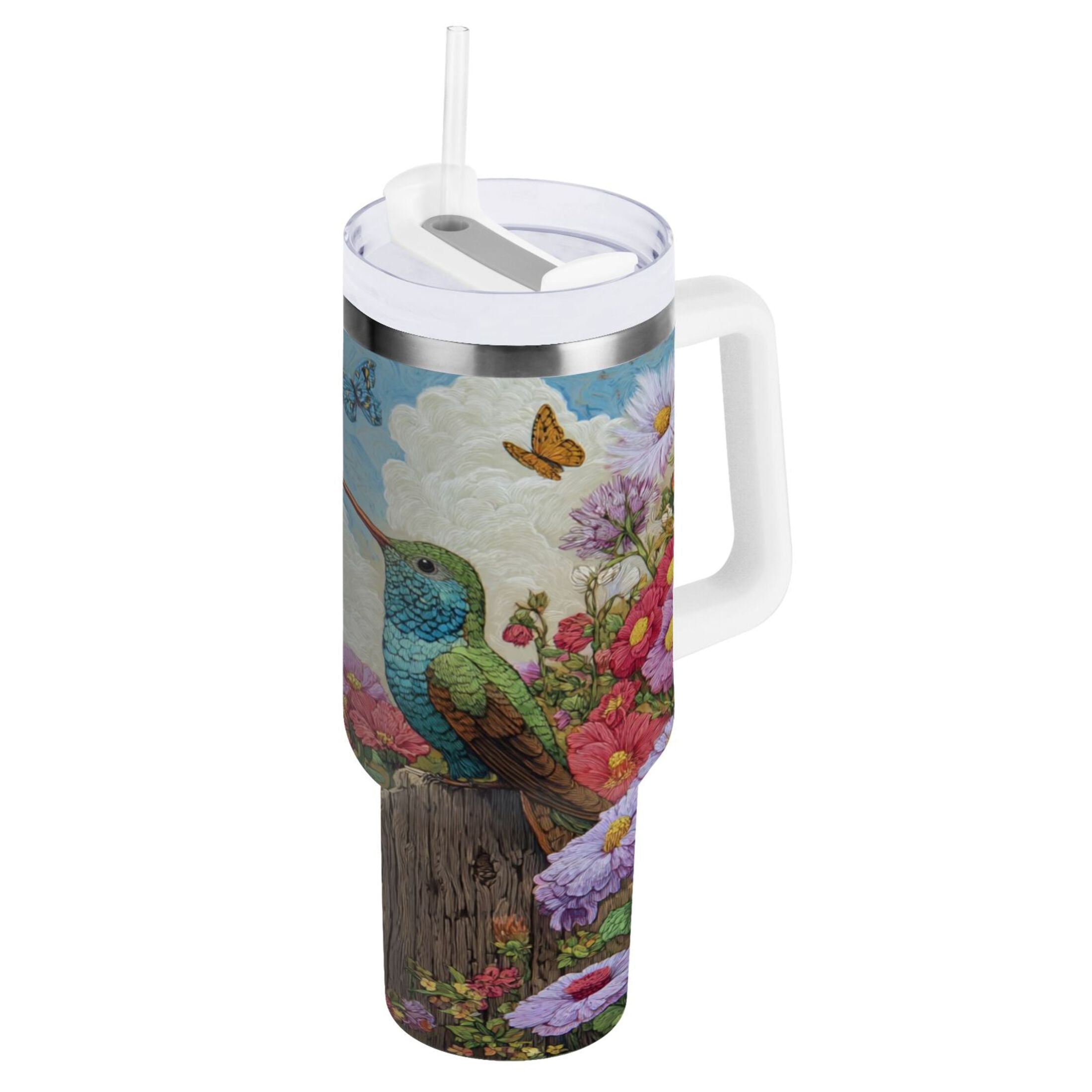 30 oz Insulated Stainless Steel Tumbler Double Wall Stainless Steel Tumbler with 2-Way Drinking Hummingbirds and Flowers QVRM