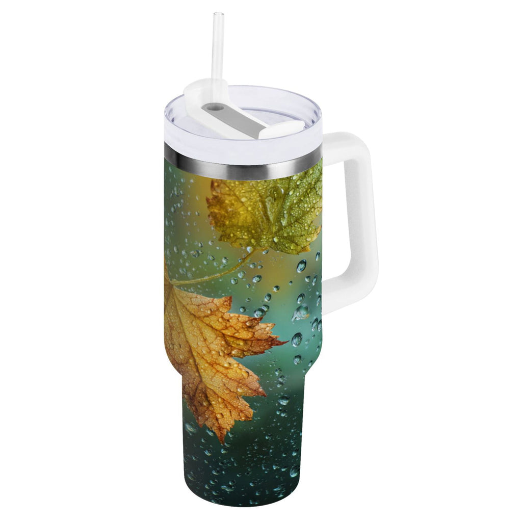 30 oz Insulated Stainless Steel Tumbler Double Wall Stainless Steel Tumbler with 2-Way Drinking Leaves with Water Droplets EV6S