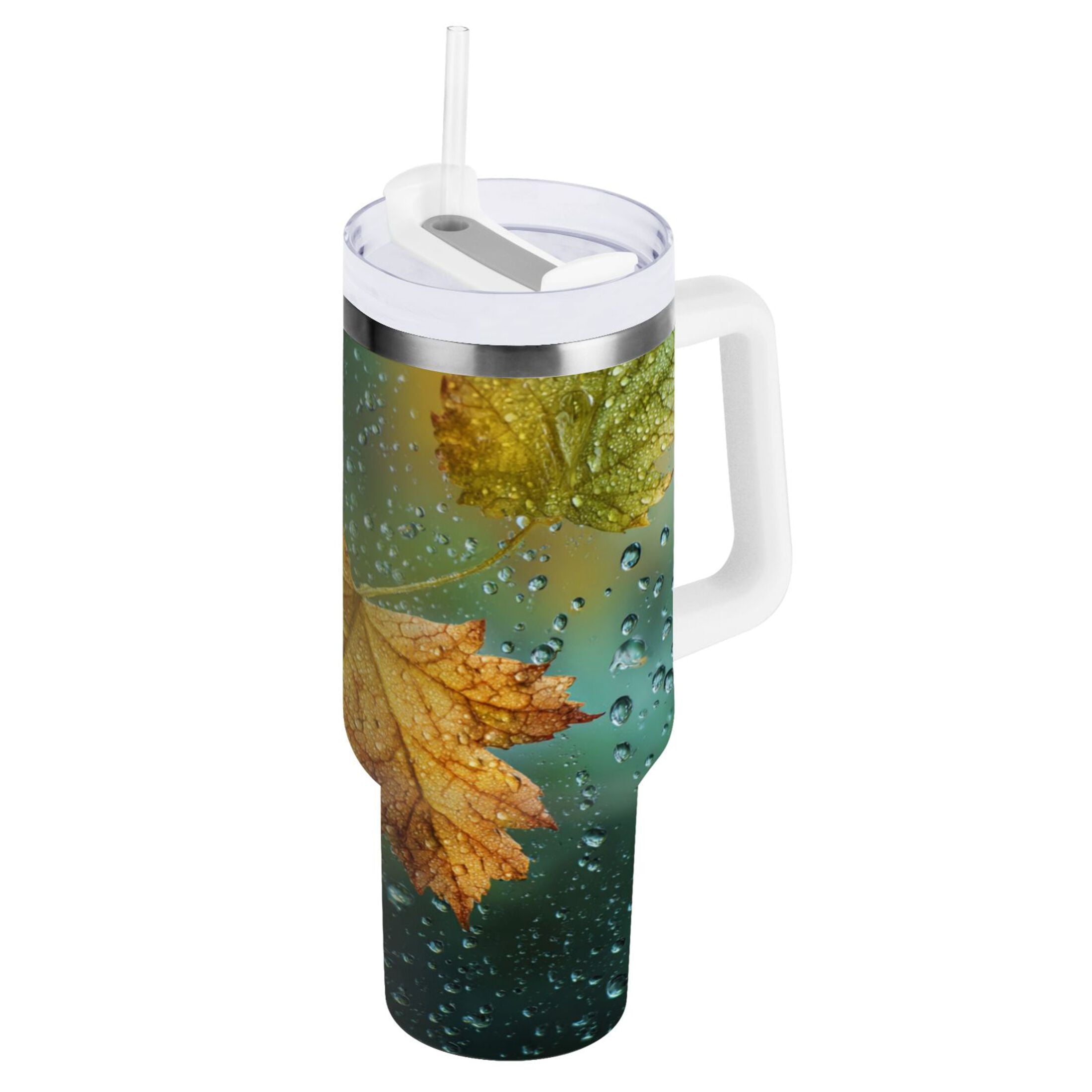 30 oz Insulated Stainless Steel Tumbler Double Wall Stainless Steel Tumbler with 2-Way Drinking Leaves with Water Droplets EV6S