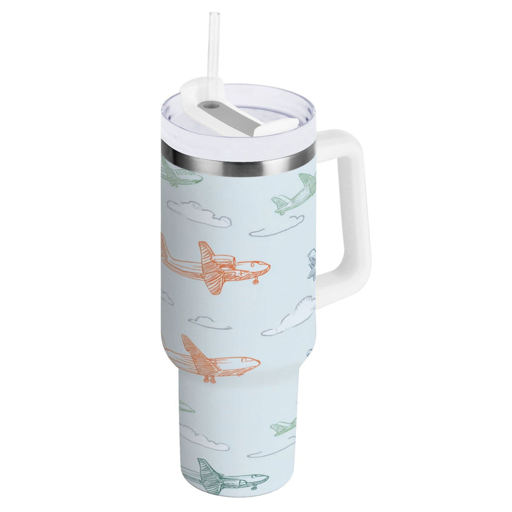30 oz Insulated Stainless Steel Tumbler Double Wall Stainless Steel Tumbler with 2-Way Drinking Pastel Doodle Airplanes SUOH