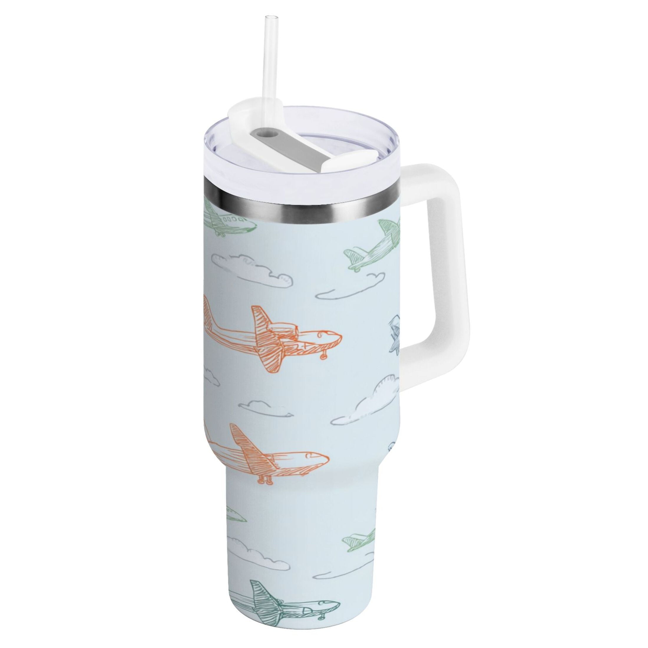 30 oz Insulated Stainless Steel Tumbler Double Wall Stainless Steel Tumbler with 2-Way Drinking Pastel Doodle Airplanes SUOH