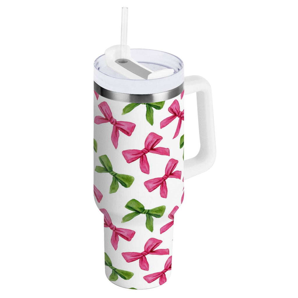 30 oz Insulated Stainless Steel Tumbler Double Wall Stainless Steel Tumbler with 2-Way Drinking Pink Bows and Green Ribbons J3SY