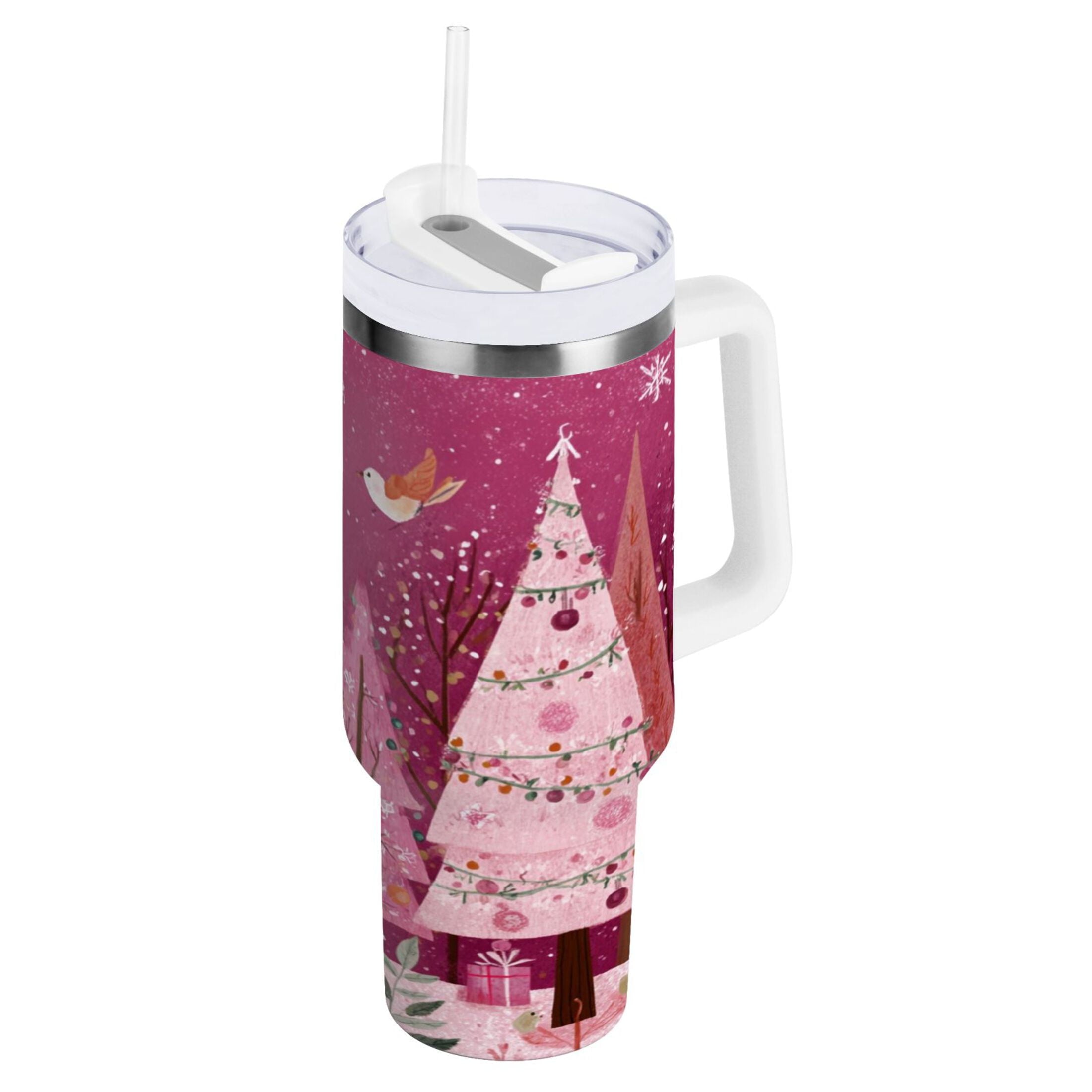 40 oz Insulated Stainless Steel Tumbler Double Wall Stainless Steel Tumbler with 2-Way Drinking Pink Christmas Forest 79HZ