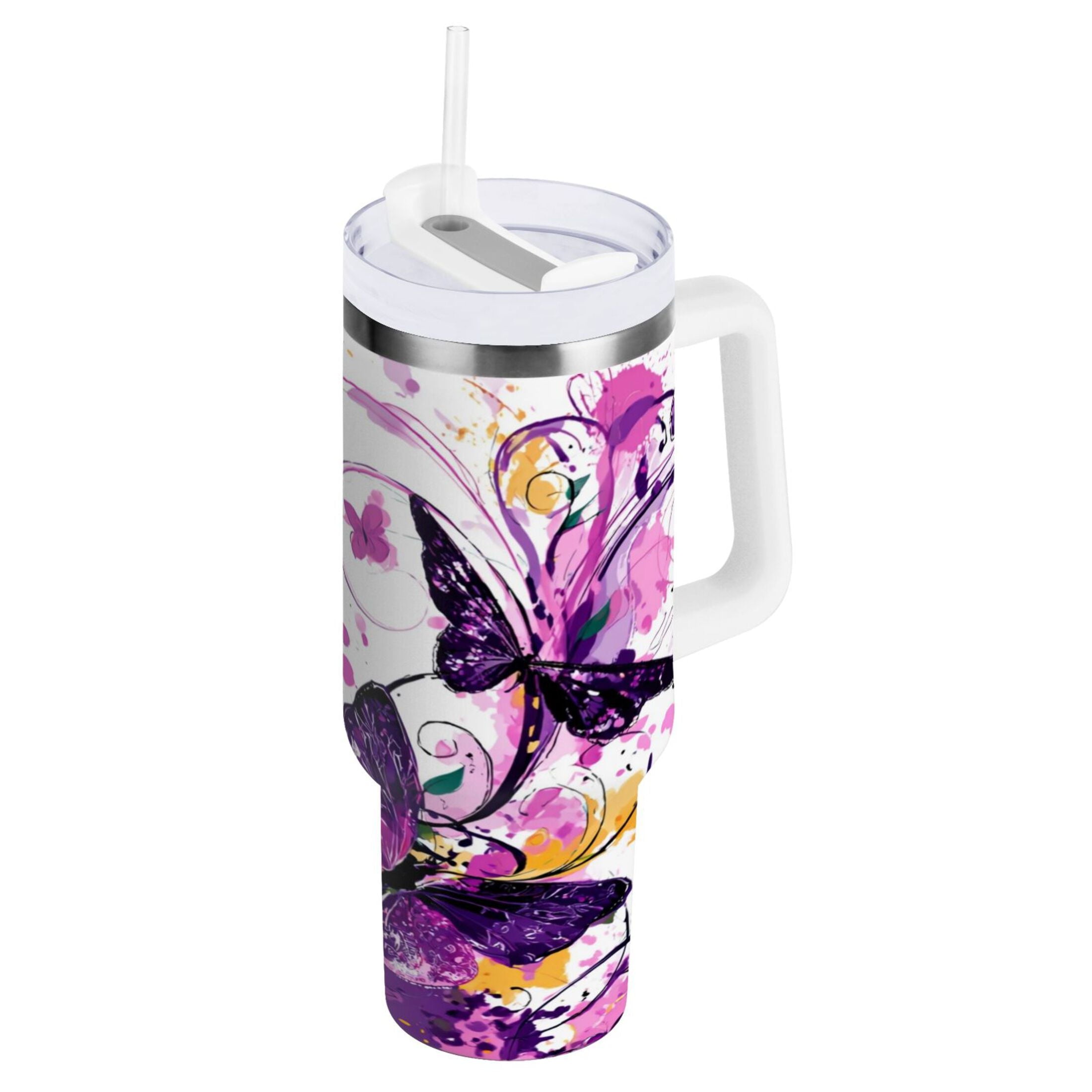 40 oz Insulated Stainless Steel Tumbler Double Wall Stainless Steel Tumbler with 2-Way Drinking Purple Butterfly 1DSP