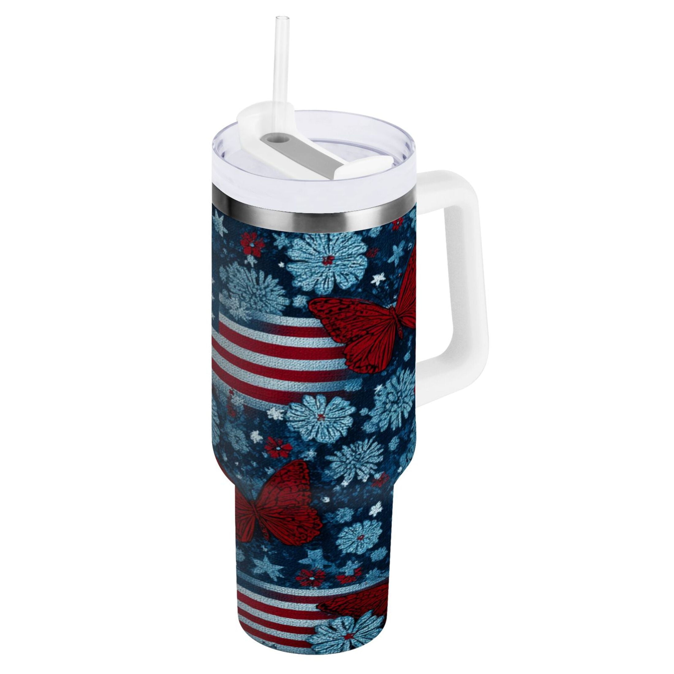 30 oz Insulated Stainless Steel Tumbler Double Wall Stainless Steel Tumbler with 2-Way Drinking Red Butterflies and Flags CB52
