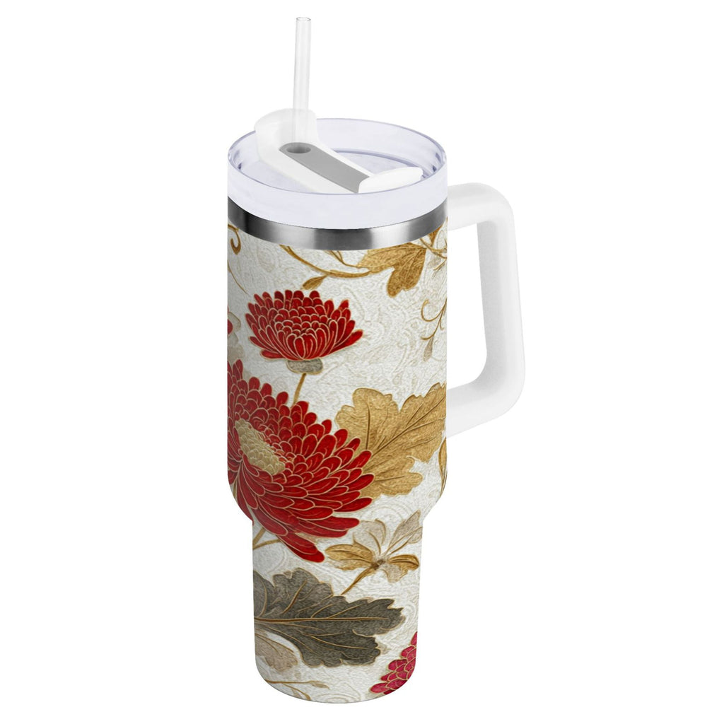 30 oz Insulated Stainless Steel Tumbler Double Wall Stainless Steel Tumbler with 2-Way Drinking Red Chrysanthemum Pattern 234D