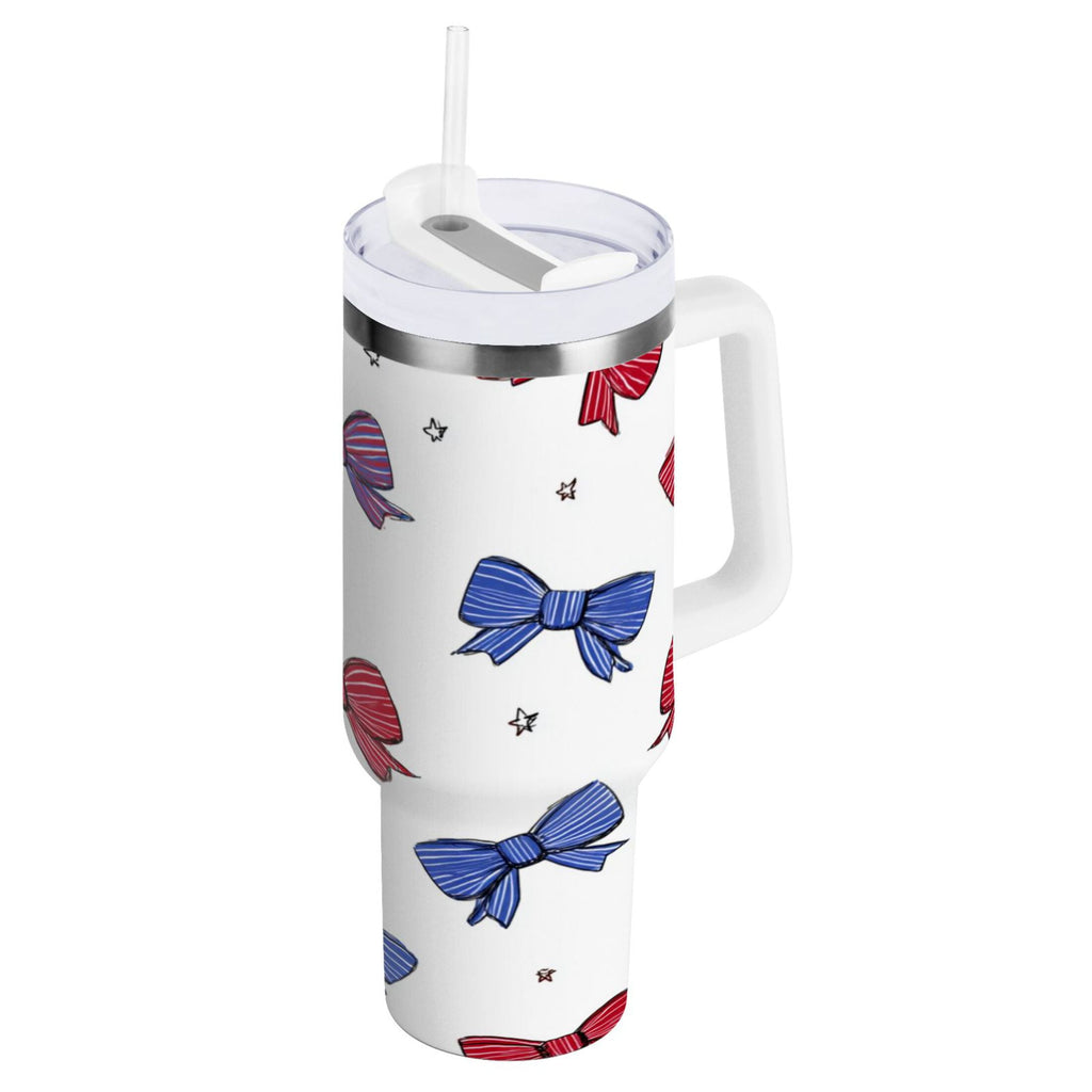 30 oz Insulated Stainless Steel Tumbler Double Wall Stainless Steel Tumbler with 2-Way Drinking Red and Blue Stripe Bows P1OE