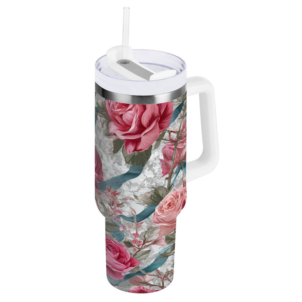 30 oz Insulated Stainless Steel Tumbler Double Wall Stainless Steel Tumbler with 2-Way Drinking Roses and Ribbons HK6M