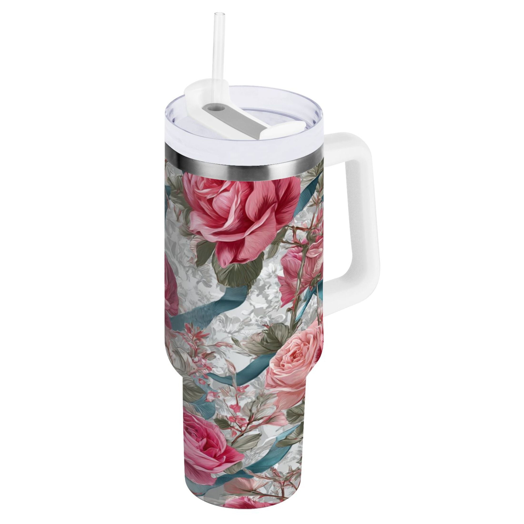 30 oz Insulated Stainless Steel Tumbler Double Wall Stainless Steel Tumbler with 2-Way Drinking Roses and Ribbons HK6M