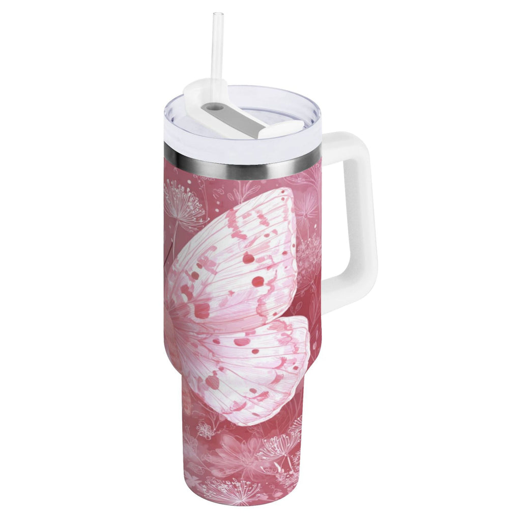 30 oz Insulated Stainless Steel Tumbler Double Wall Stainless Steel Tumbler with 2-Way Drinking Soft Pink Butterfly JRCR