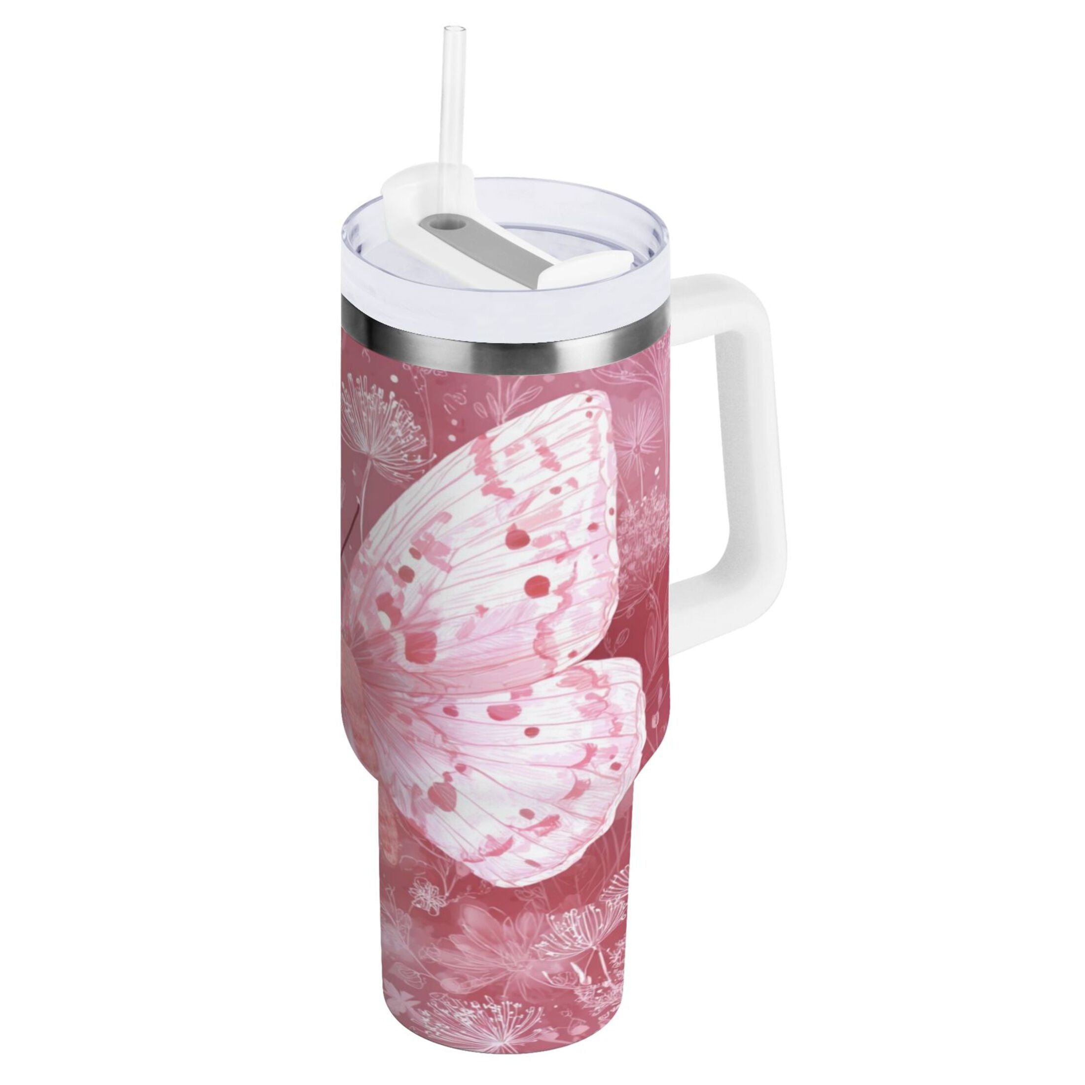 30 oz Insulated Stainless Steel Tumbler Double Wall Stainless Steel Tumbler with 2-Way Drinking Soft Pink Butterfly JRCR