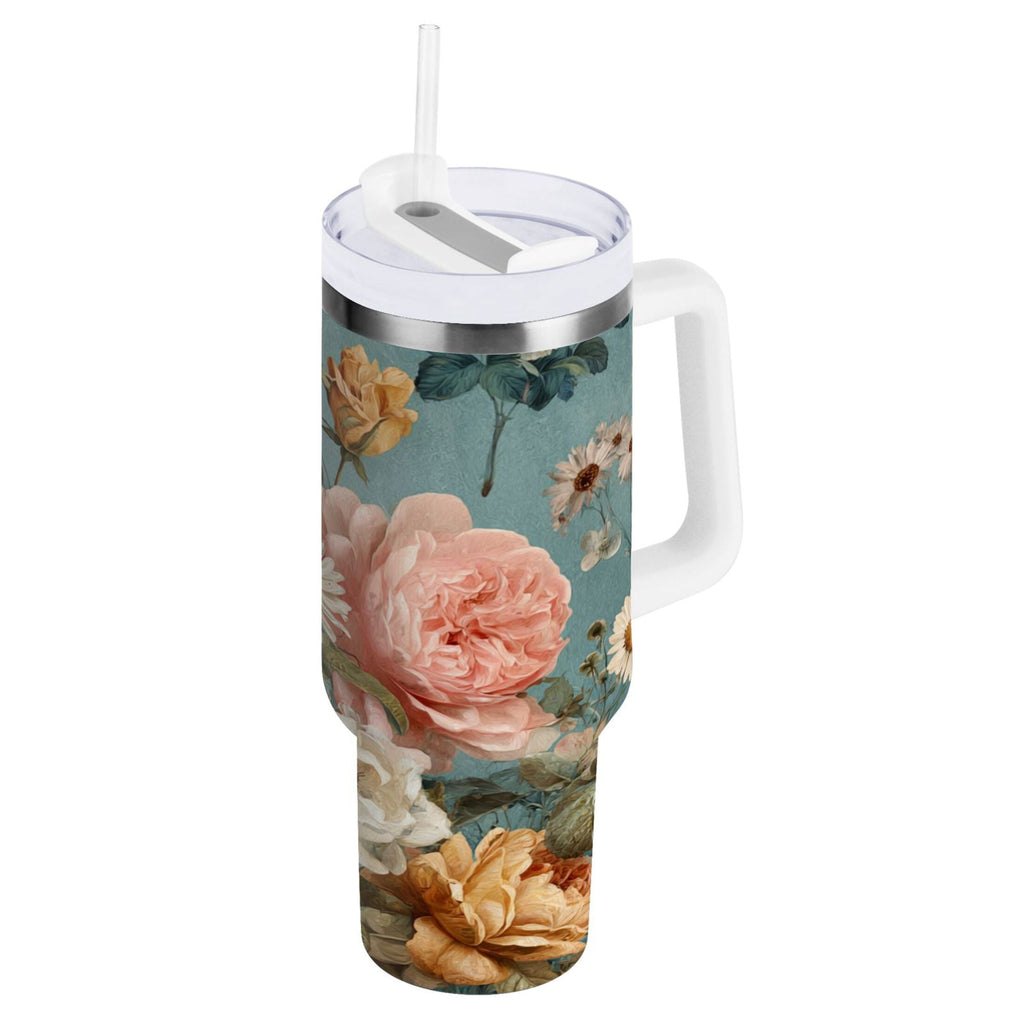 30 oz Insulated Stainless Steel Tumbler Double Wall Stainless Steel Tumbler with 2-Way Drinking Vintage Roses and Peonies 0GSB