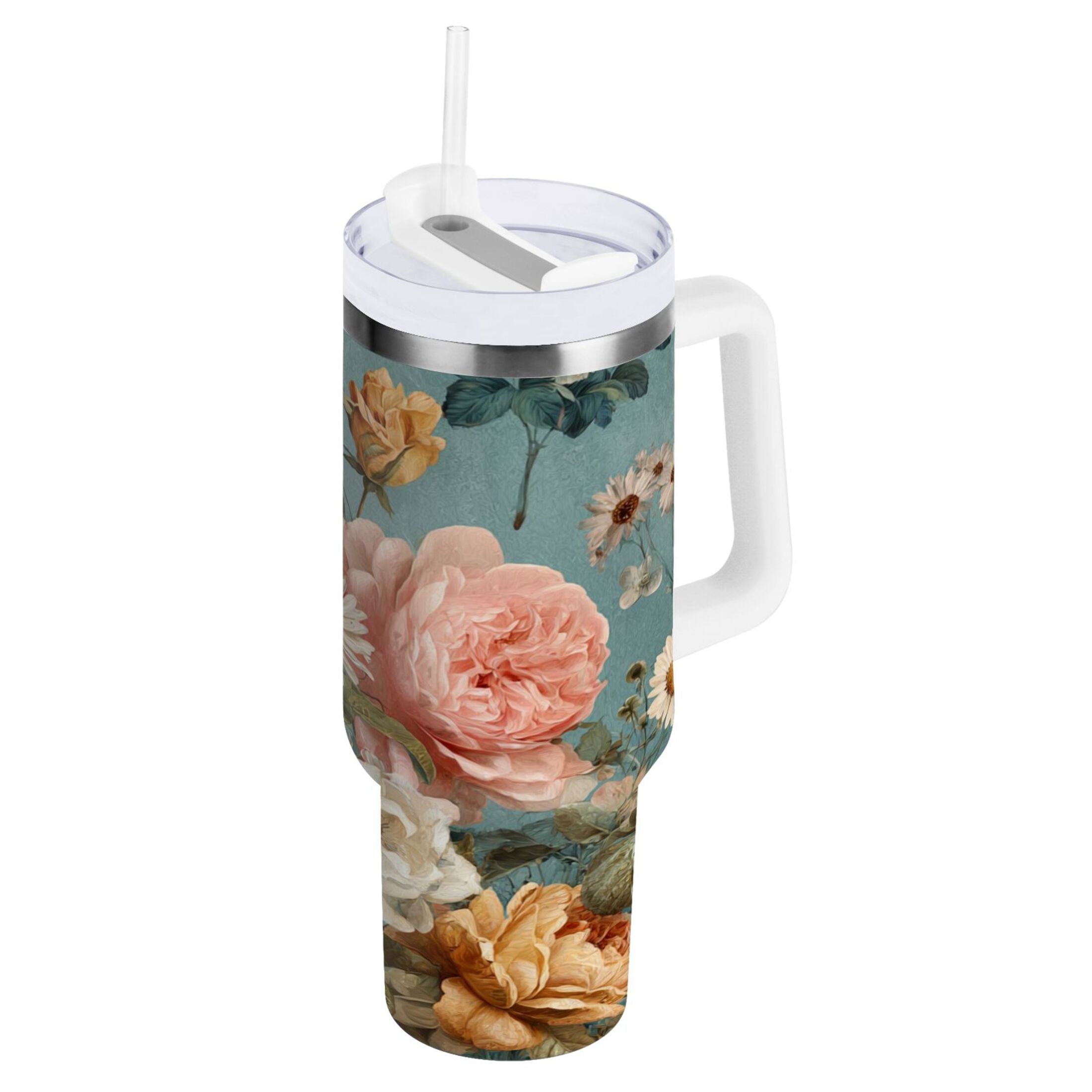 30 oz Insulated Stainless Steel Tumbler Double Wall Stainless Steel Tumbler with 2-Way Drinking Vintage Roses and Peonies 0GSB