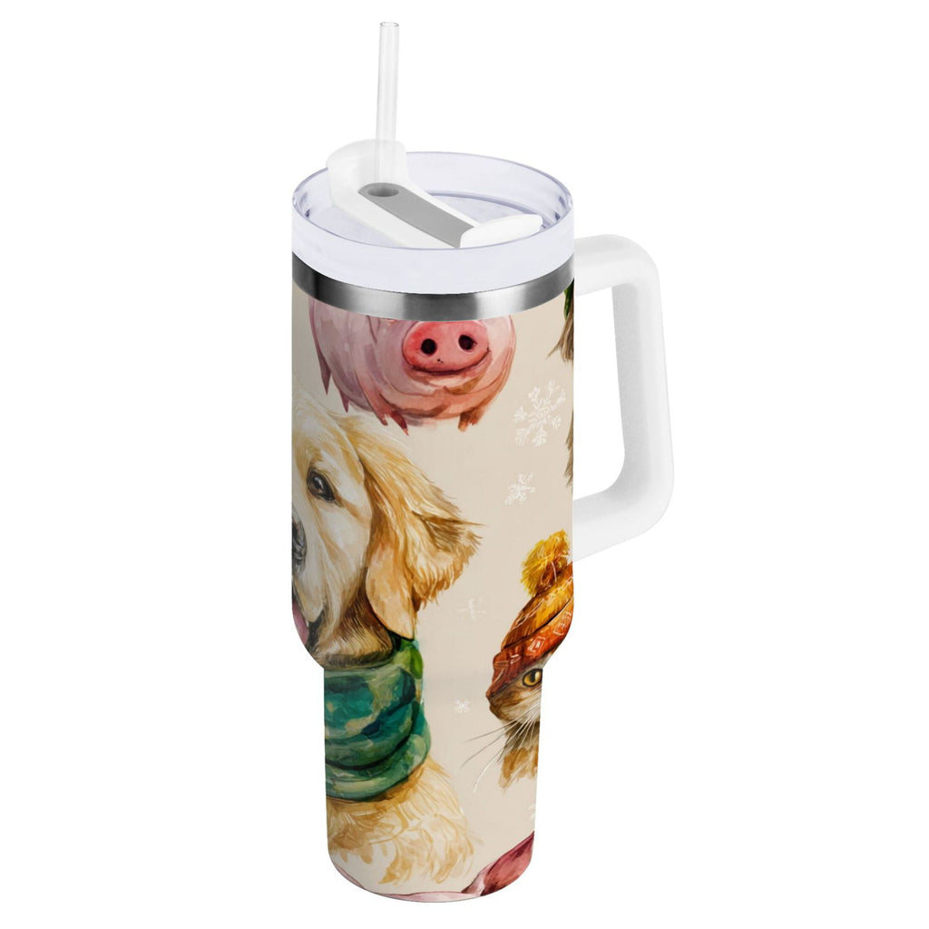 30 oz Insulated Stainless Steel Tumbler Double Wall Stainless Steel Tumbler with 2-Way Drinking Watercolor Animals Pattern FZN4