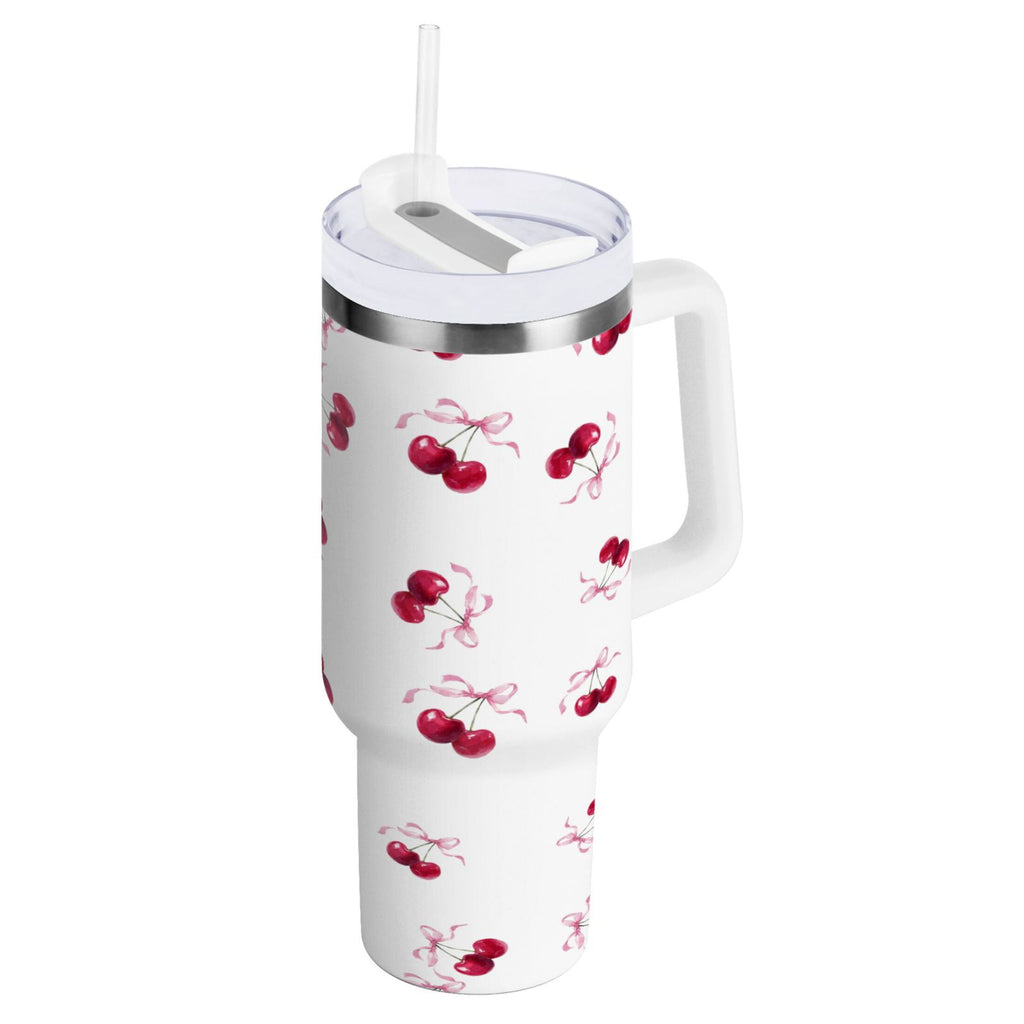 30 oz Insulated Stainless Steel Tumbler Double Wall Stainless Steel Tumbler with 2-Way Drinking Watercolor Cherries Pattern 4FUC