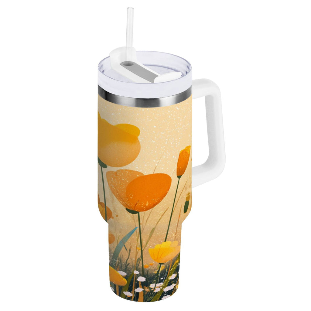30 oz Insulated Stainless Steel Tumbler Double Wall Stainless Steel Tumbler with 2-Way Drinking Yellow Flowers on The Grass MRP1