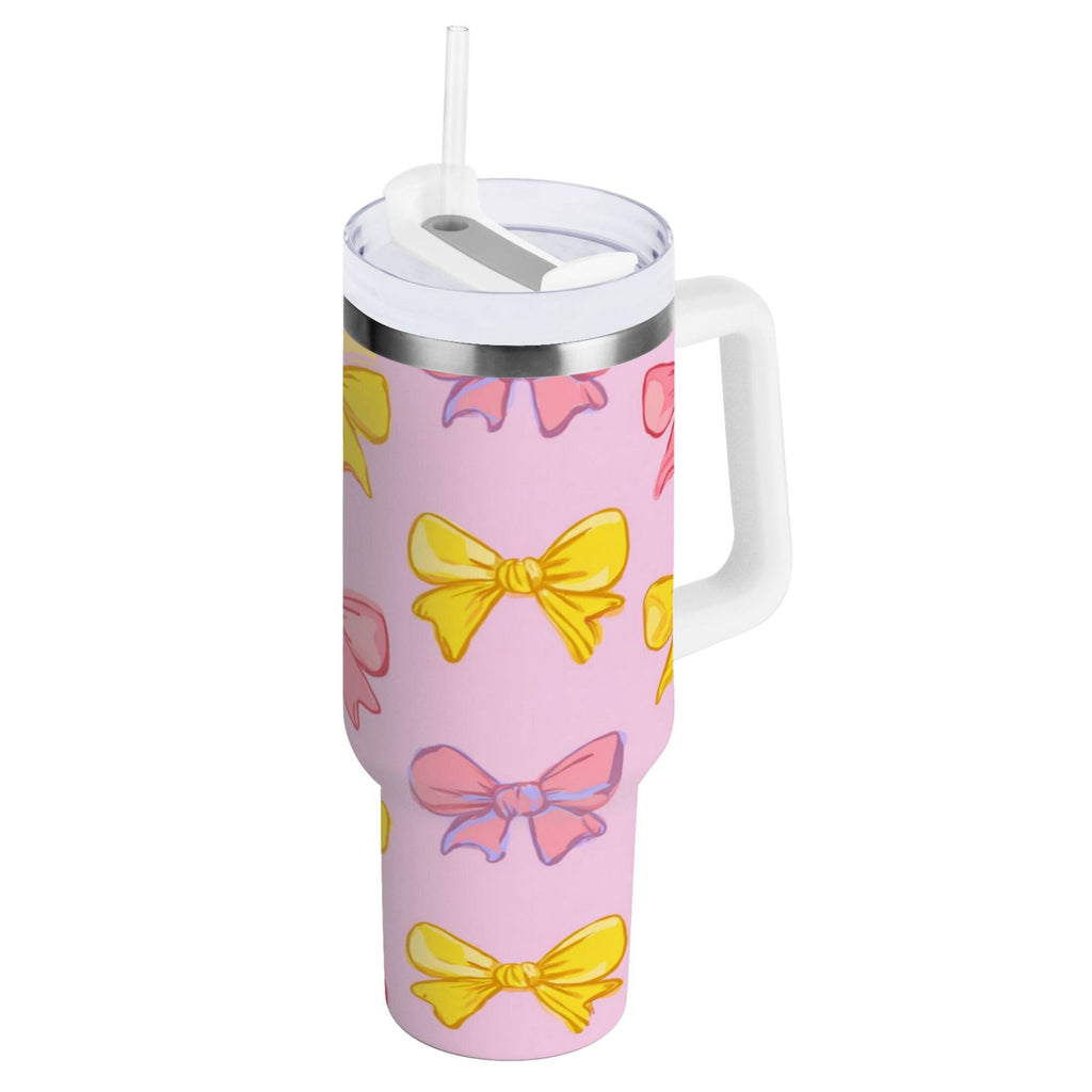 30 oz Insulated Stainless Steel Tumbler Double Wall Stainless Steel Tumbler with 2-Way Drinking Yellow and Pink Bows HCPH