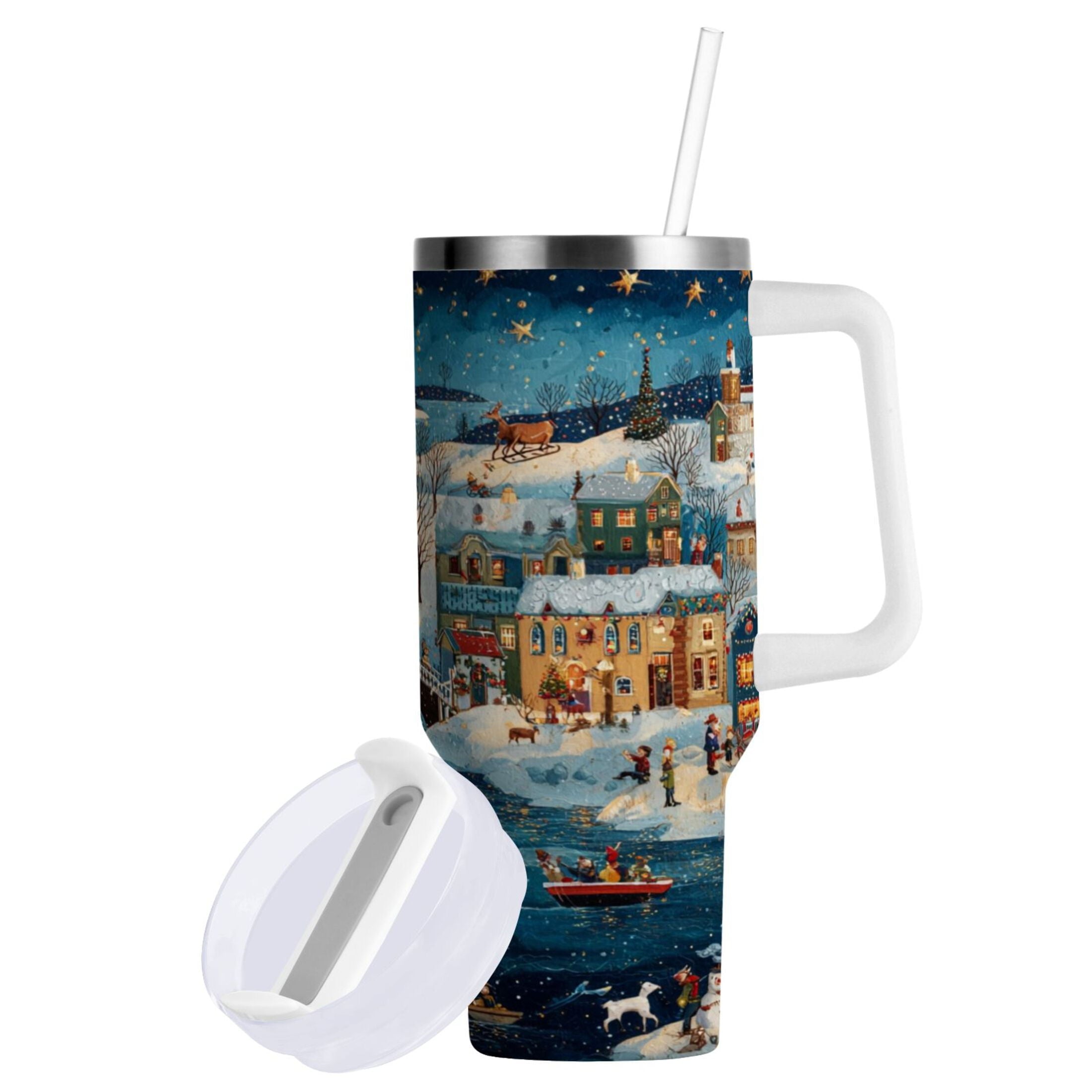 30 oz Insulated Stainless Steel Tumbler Double Wall Stainless Steel Tumbler with 2-Way Drinking Whimsical Christmas Scene WG28
