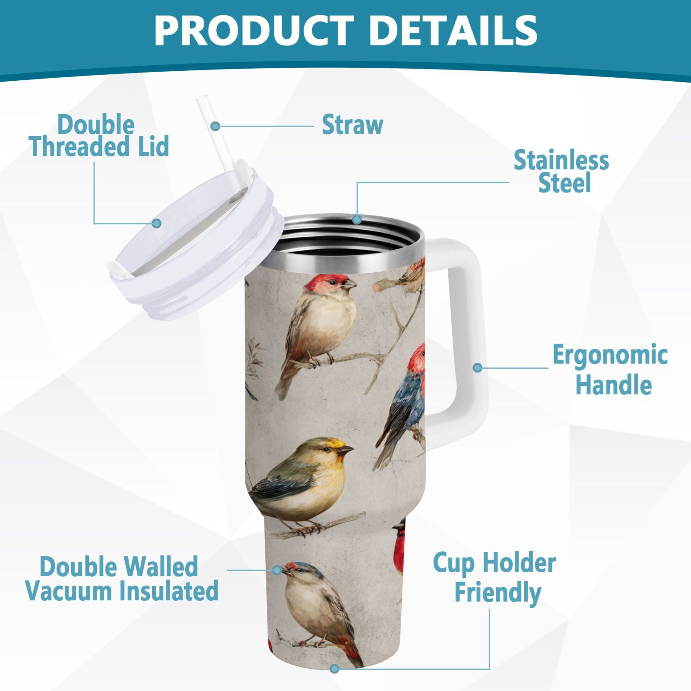 40 oz Insulated Stainless Steel Tumbler Double Wall Stainless Steel Tumbler with 2-Way Drinking Birds Pattern QLKS