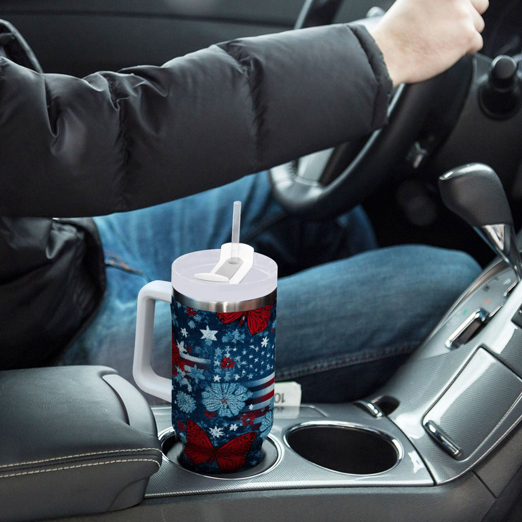 30 oz Insulated Stainless Steel Tumbler Double Wall Stainless Steel Tumbler with 2-Way Drinking Red Butterflies and Flags CB52