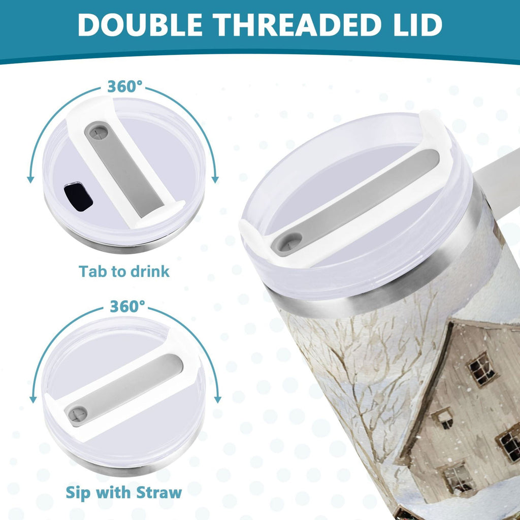 40 oz Insulated Stainless Steel Tumbler Double Wall Stainless Steel Tumbler with 2-Way Drinking Farm Snow Scene 7QPQ