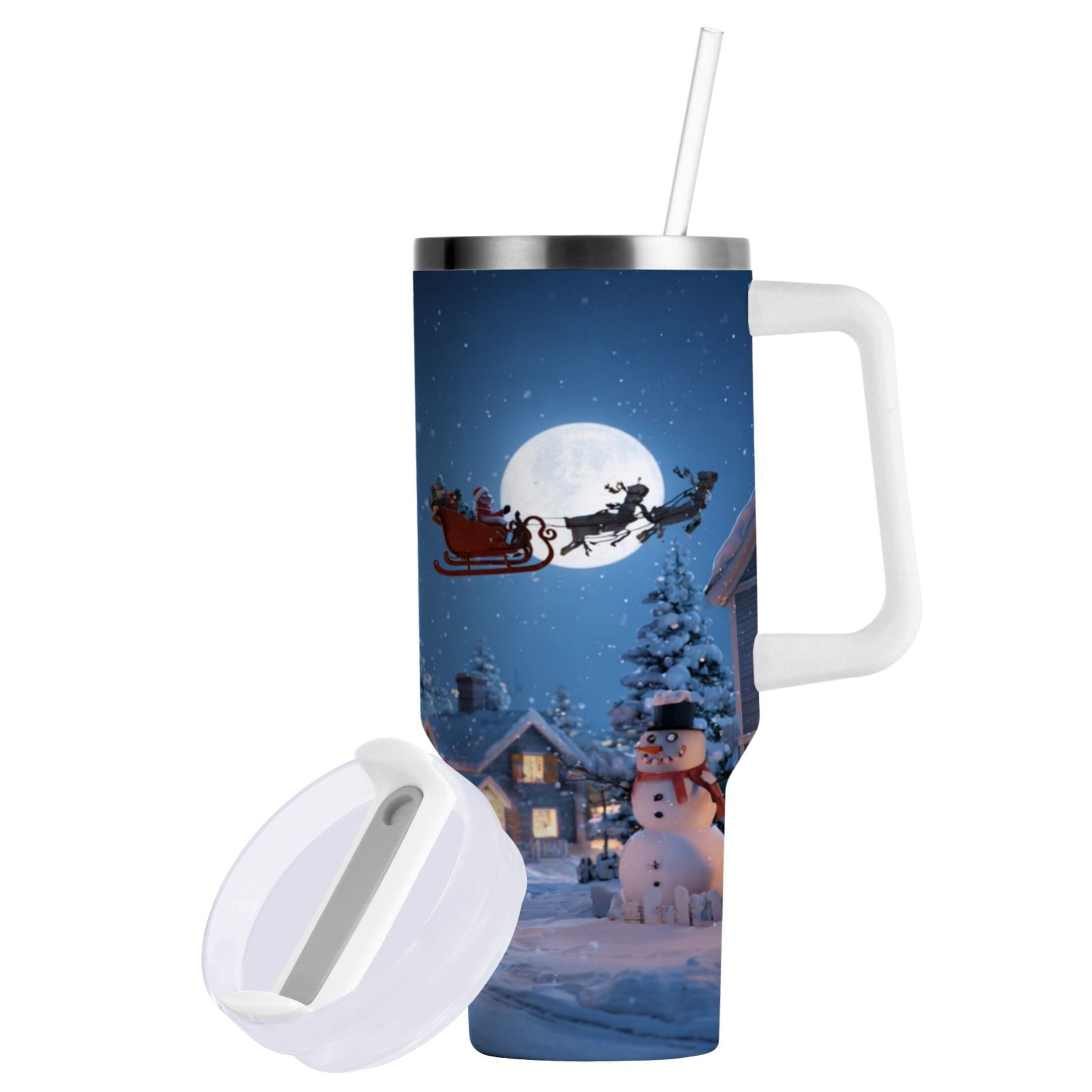 30 oz Insulated Stainless Steel Tumbler Double Wall Stainless Steel Tumbler with 2-Way Drinking Christmas Night Scene RKBP