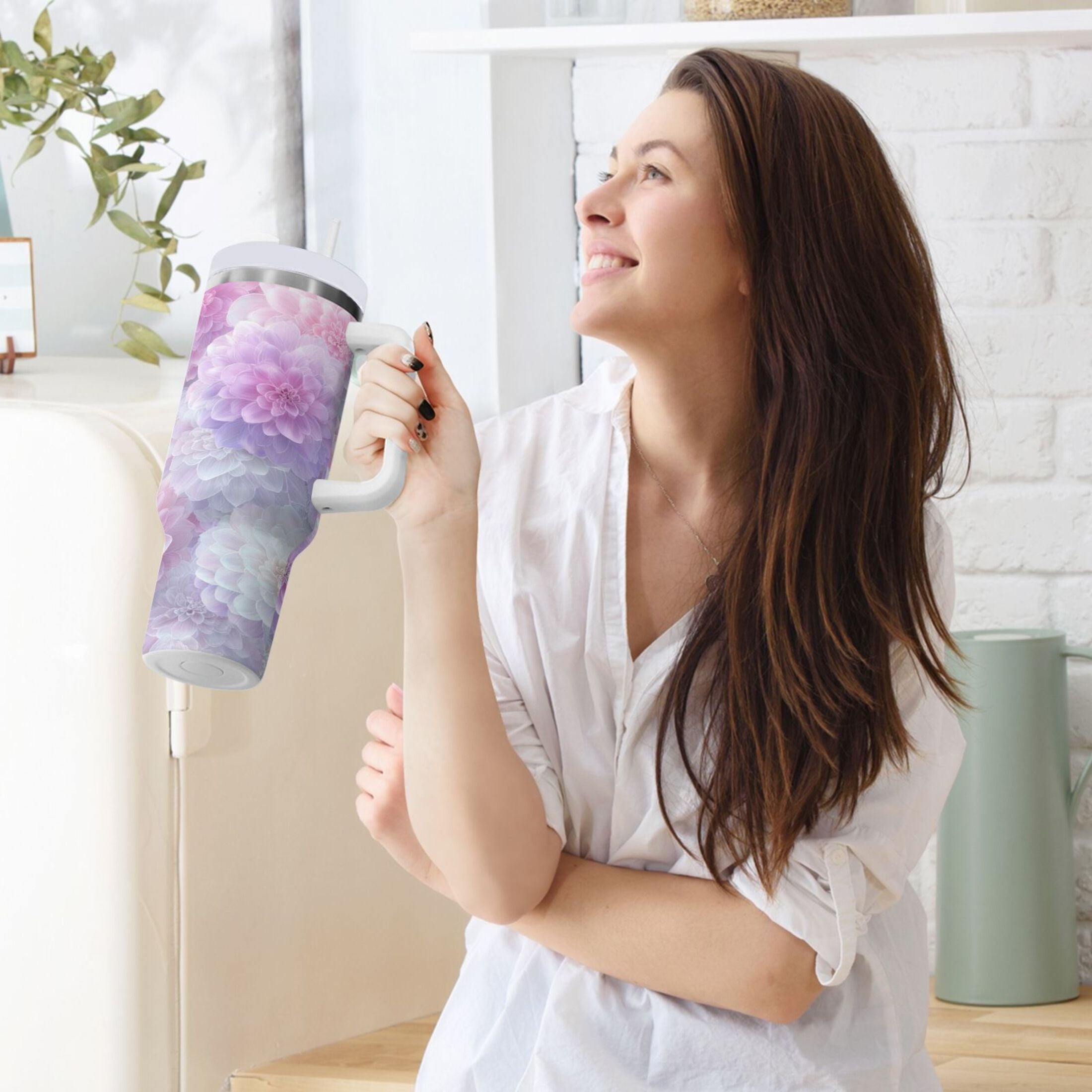 30 oz Insulated Stainless Steel Tumbler Double Wall Stainless Steel Tumbler with 2-Way Drinking Cute Pastel Watercolor Floral 4A58