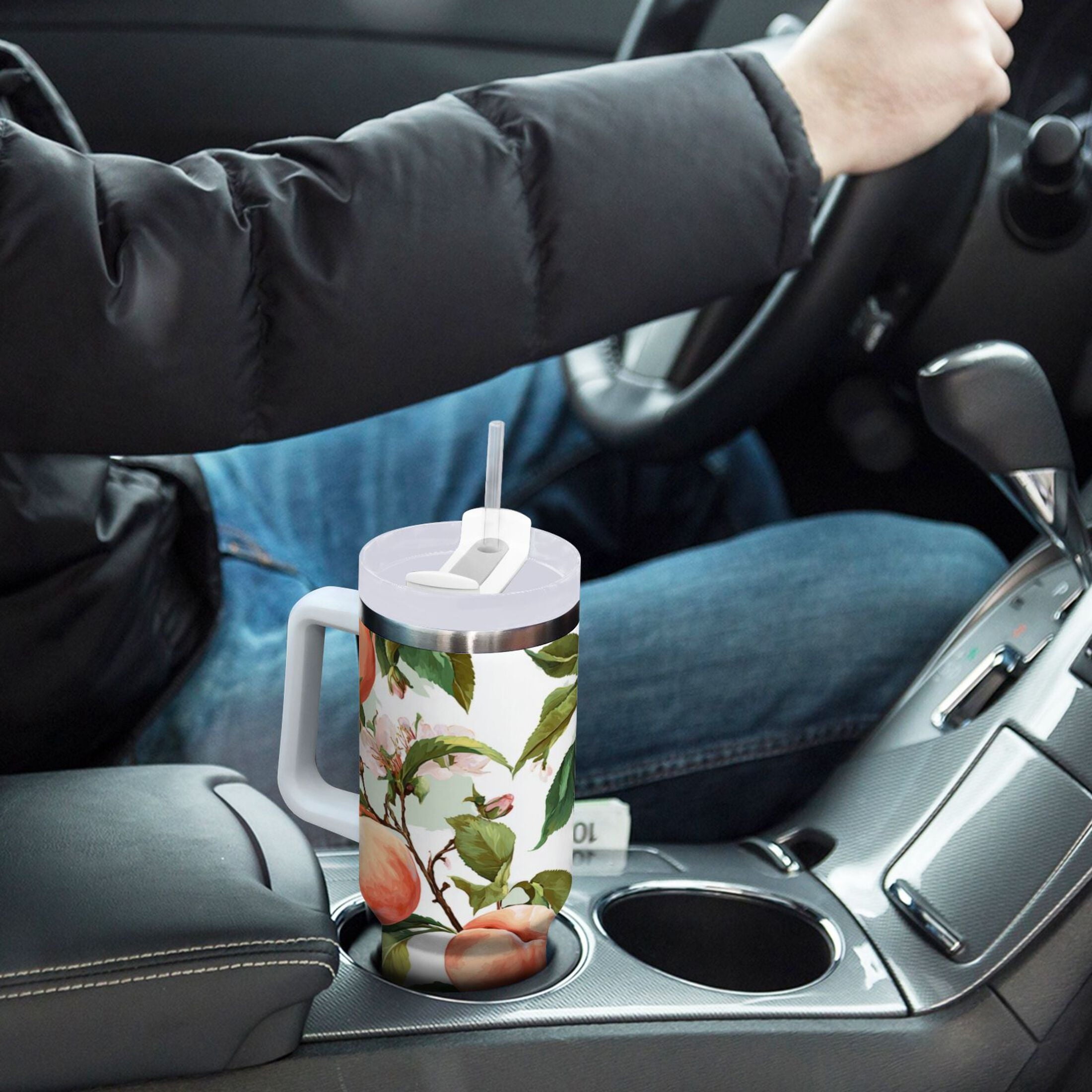 30 oz Insulated Stainless Steel Tumbler Double Wall Stainless Steel Tumbler with 2-Way Drinking Peach Fruit Pattern TUXP