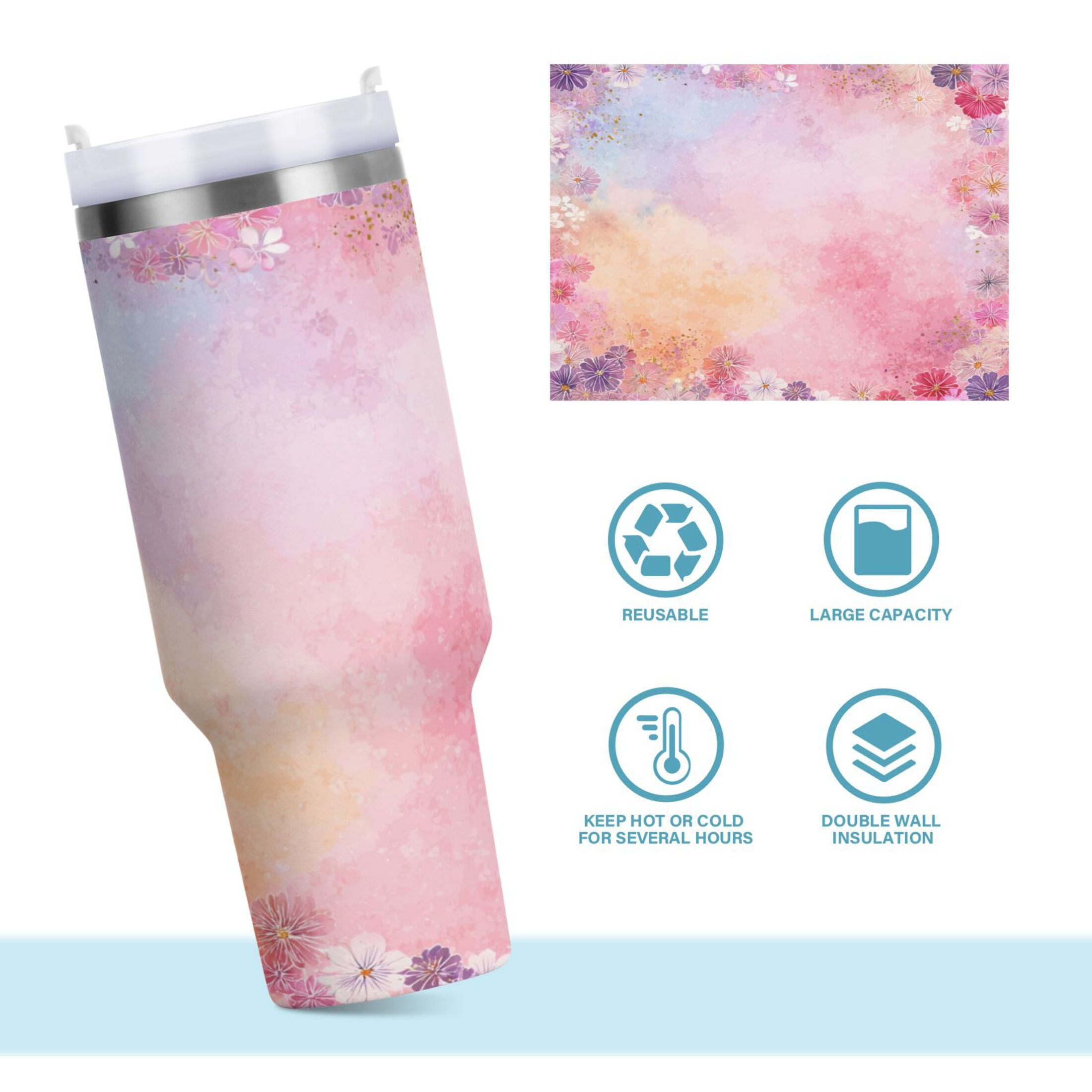 30 oz Insulated Stainless Steel Tumbler Double Wall Stainless Steel Tumbler with 2-Way Drinking Colorful Pastel Floral Pattern X2K7