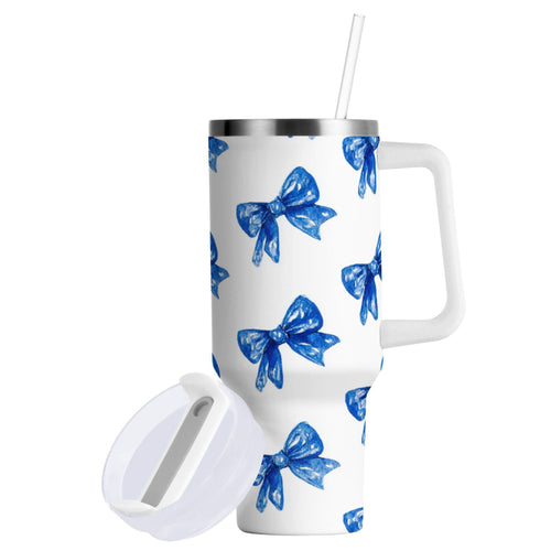 30 oz Insulated Stainless Steel Tumbler Double Wall Stainless Steel Tumbler with 2-Way Drinking Blue Bows Pattern 5UV7